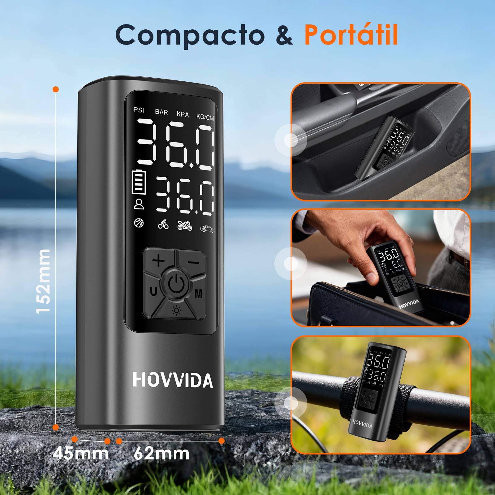 HOVVIDA Compresor Aire Portatil 150 PSI 10,3 Bar 5V Inflador Ruedas Coche Bicicleta Batería Recargable LED