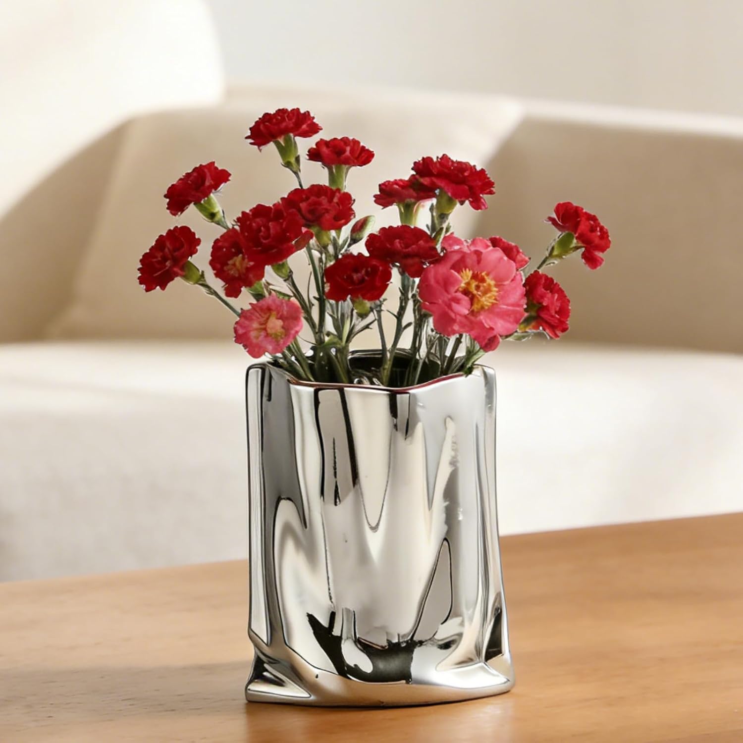 Liquid Chrome Ceramic Vase,5.32’’L&7.10’’H Textured Silver Flower Vase,Silver Vase,Chrome Flower Vase,Modern Wide Mouth Paper Bag Shape Metallic Vase,Chrome Home Decor for Table Mantel,Living Room