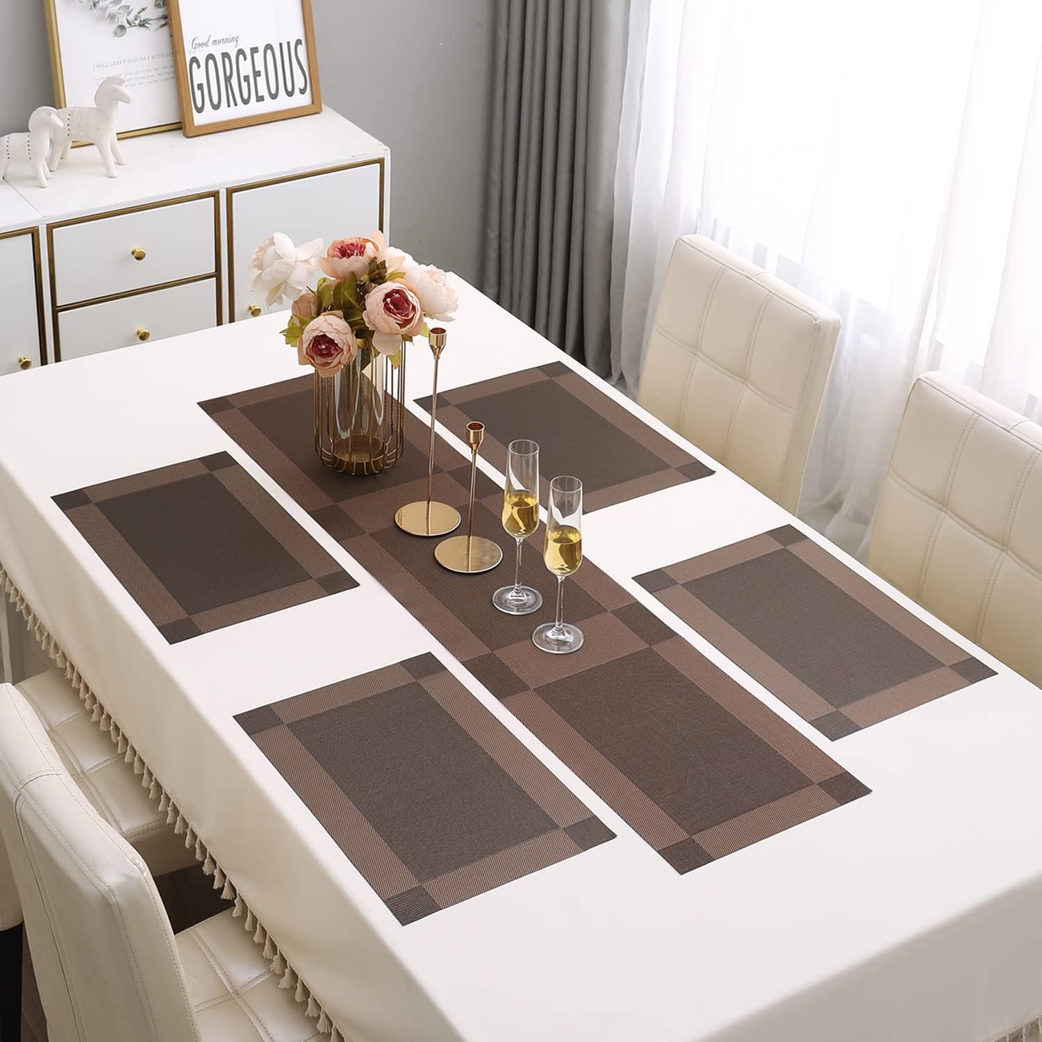HOKIPO PVC 4 Placemats with Table Runner Set, Dual Tone Brown