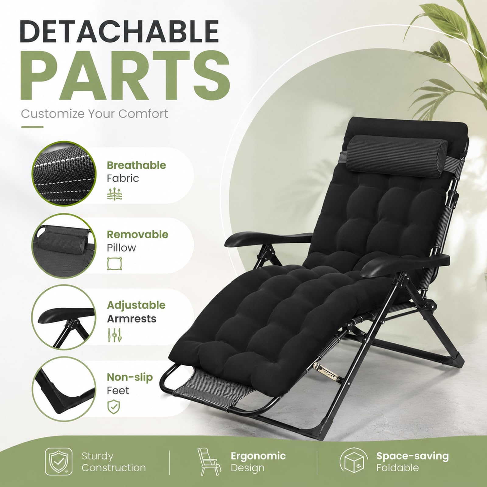 Lettino prendisole pieghevole con imbottitura, sedia a sdraio ergonomica per giardino e terrazza, schienale regolabile in 7 posizioni, per esterni fino a 150 kg, sedia da giardino per balcone e