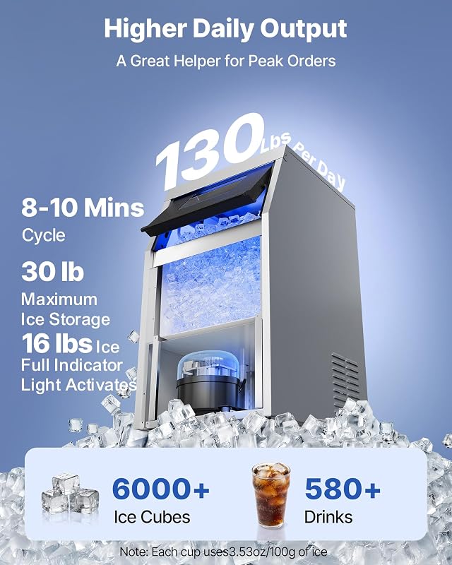 VEVOR Commercial Ice Maker Machine, 130 lbs/24h with 16-30 lbs Storage Capacity, Built-in/Freestanding/Under Counter, Stainless Steel Ice Maker with LED Display & Self-Cleaning, Home Bar Restaurant image 2