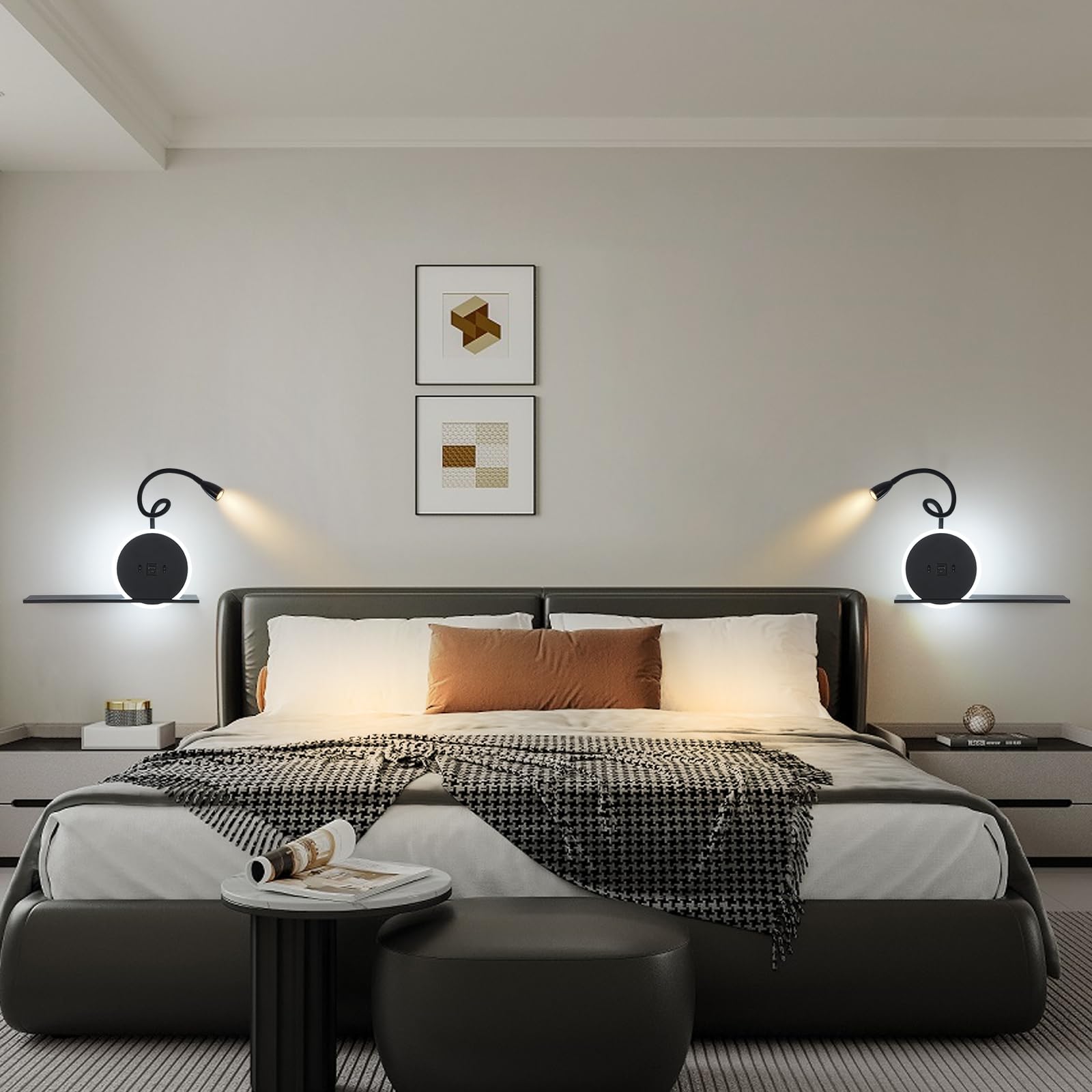 SANSHI Leselampe 2 Stück,Schwenkbar Nachttischlampe mit Schalter,Schwarz | wand Leselicht,USB + TYPE C Ladeanschluss Wandleuchte,3W 3000K + 9W 6000K Beleuchtung,Schlafzimmer Hotels Bettlampe