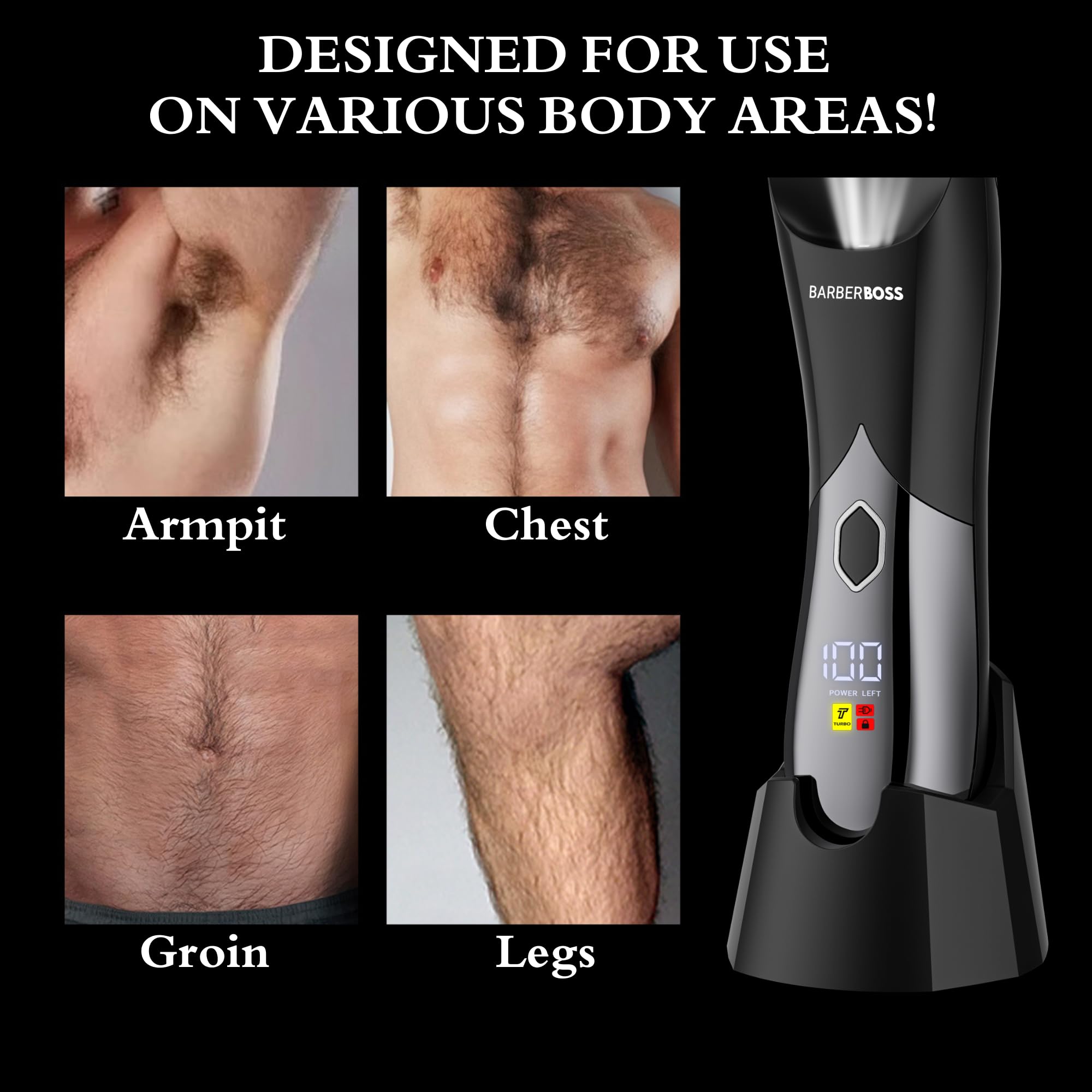 BarberBoss Body Clipper per uomo, Body Groomer, Rifinitore impermeabile per uomo: Rasoio per viso, corpo e inguine con lame in ceramica, Kit per la cura delle parti intime senza fili
