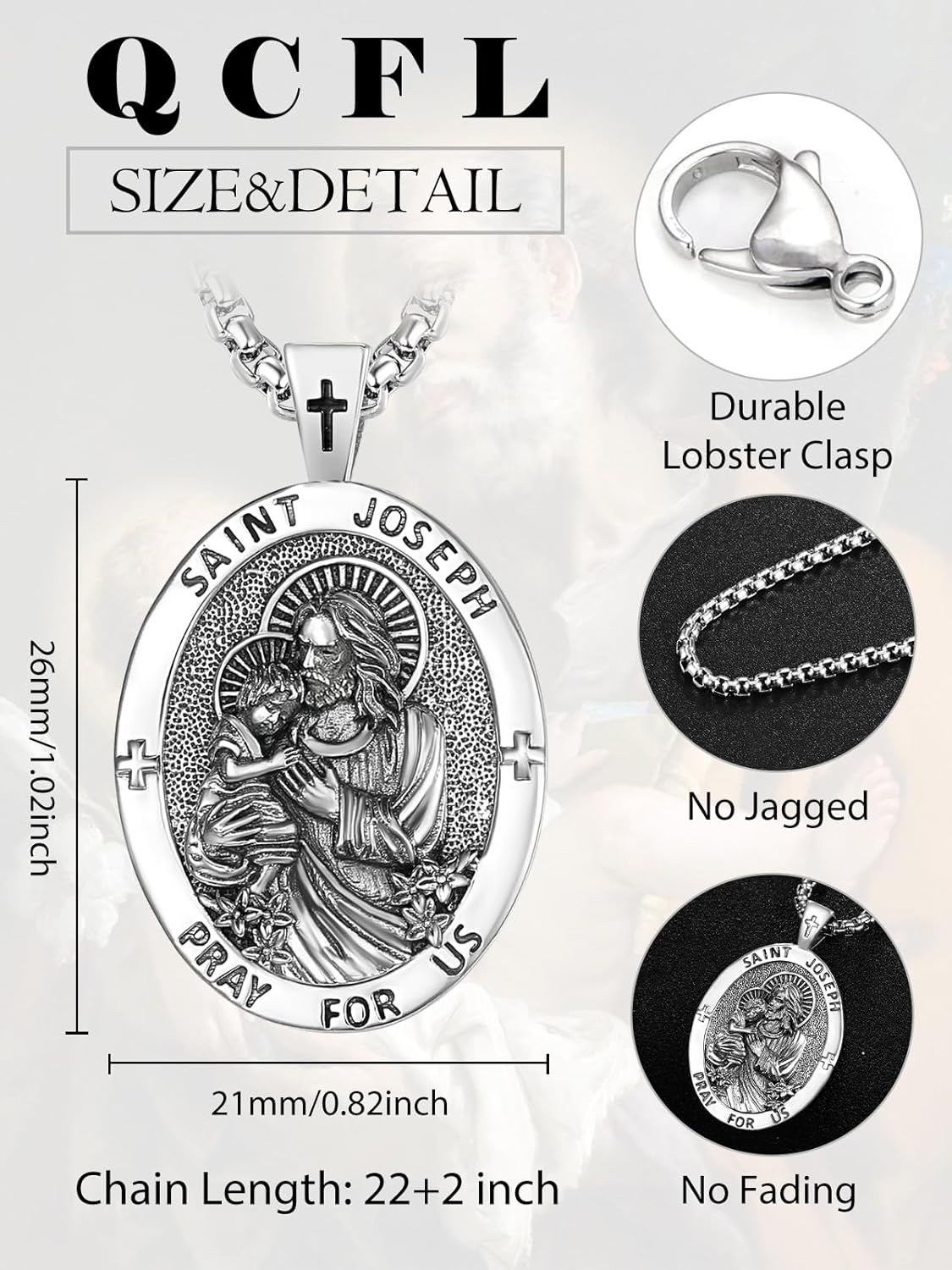 Patron Saint Medals Amulet Necklace 925 Sterling Silver Protection Jewelry for Men with 2.5mm 22"+2" Round Box Chain - Image 2