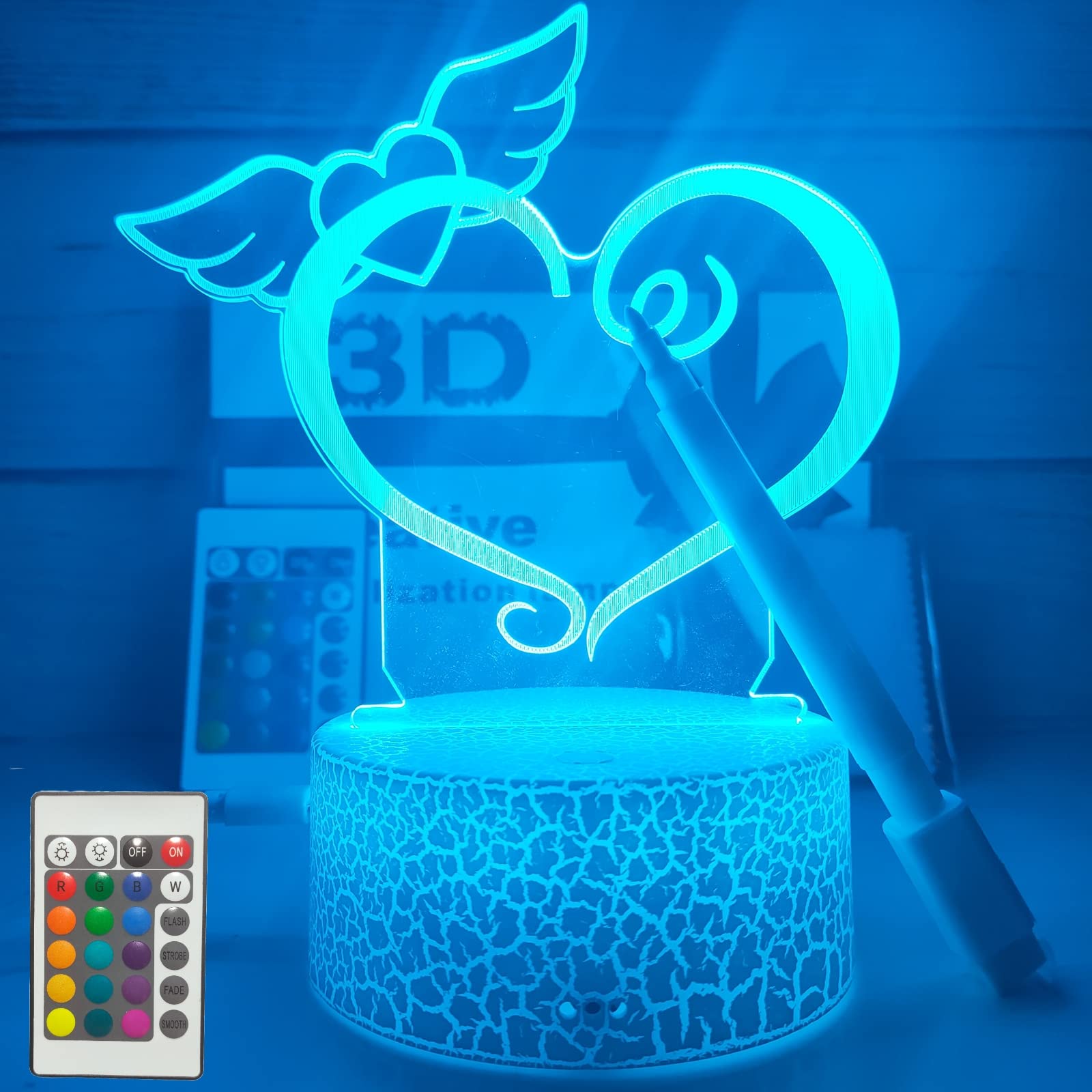 3D Illusion Lamp DIY Angel Heart Night Light with Remote Control 