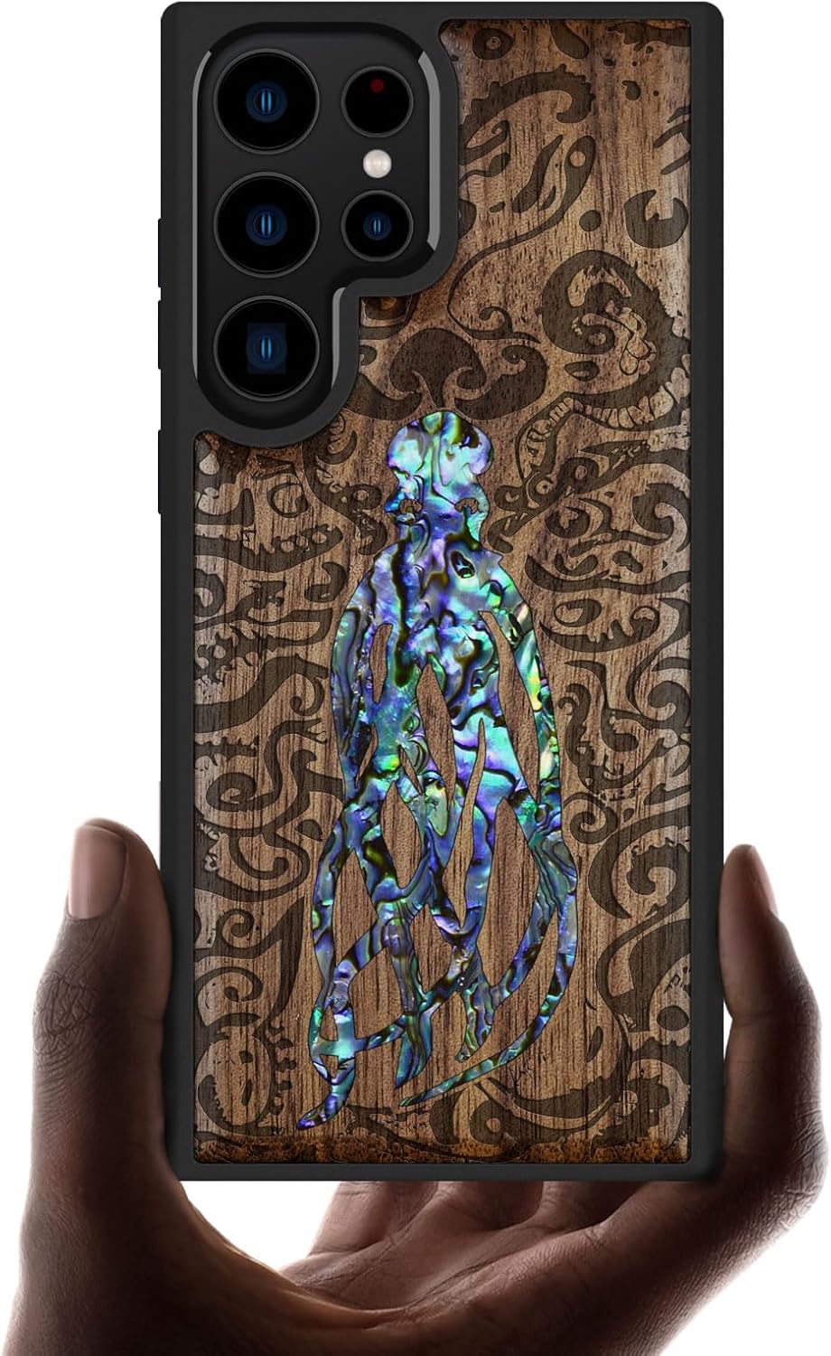 Carveit Designer Wooden Case for Samsung Galaxy S23 Ultra Cover [Wood Engraving & Shell Inlay] Compatible with Wireless Chargers S23 Ultra Case (Cephalopod's Nocturne-Walnut)