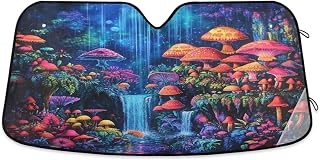 Vibrant Colorful Mushroom Waterfall Car Windshield Sun Shade Reflective Sunshade for Ultimate Protection Fits Small Sedans, Mini SUVs, Hatchbacks