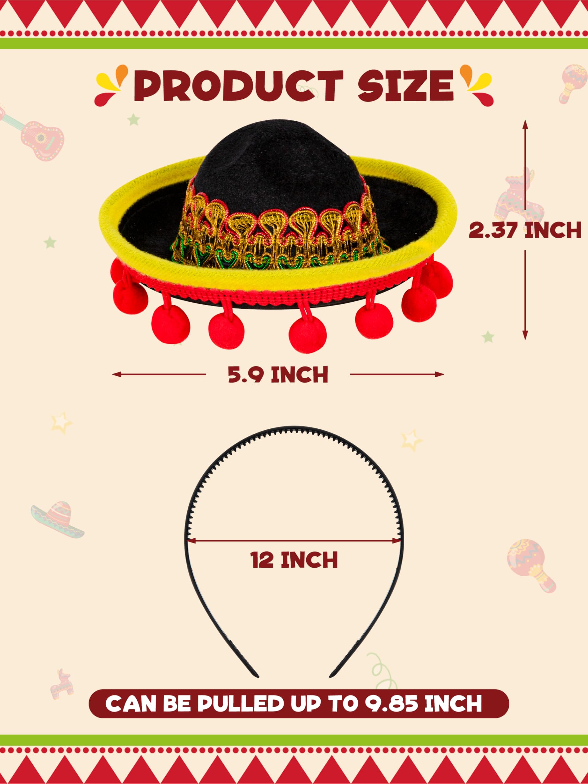 Sombreros de fiesta, diademas clásicas del Cinco de Mayo, sombrero de fiesta mexicana con diadema