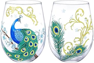 NymphFable Hand Painted Stemless Wine Glass Peacock Glass Set of 2 Wine Tumbler Personalised Gift for Women Friend 18oz