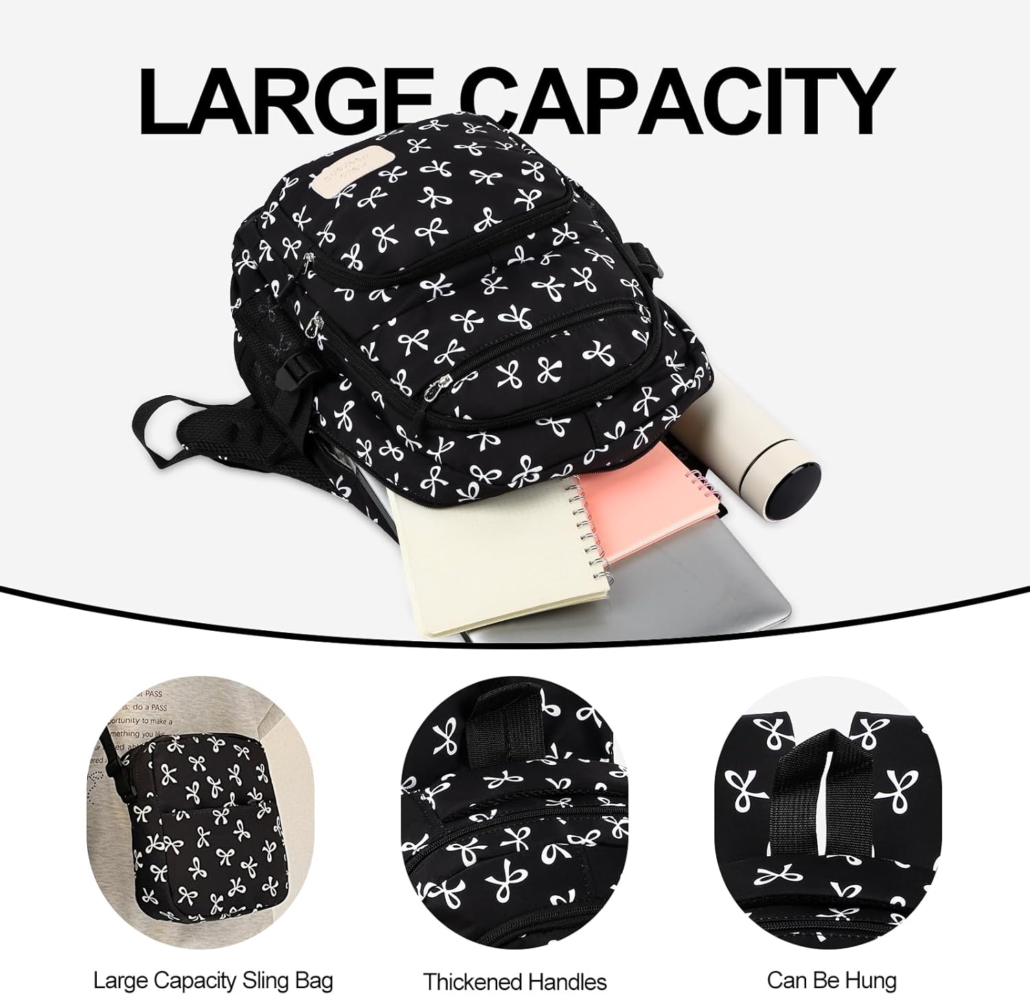 Bow Backpack, Coquette Backpack for Women, Blackbackpack Shoulder Bag 3PCS Set, Cute Large Capacity Versatile Rucksack - Image 3