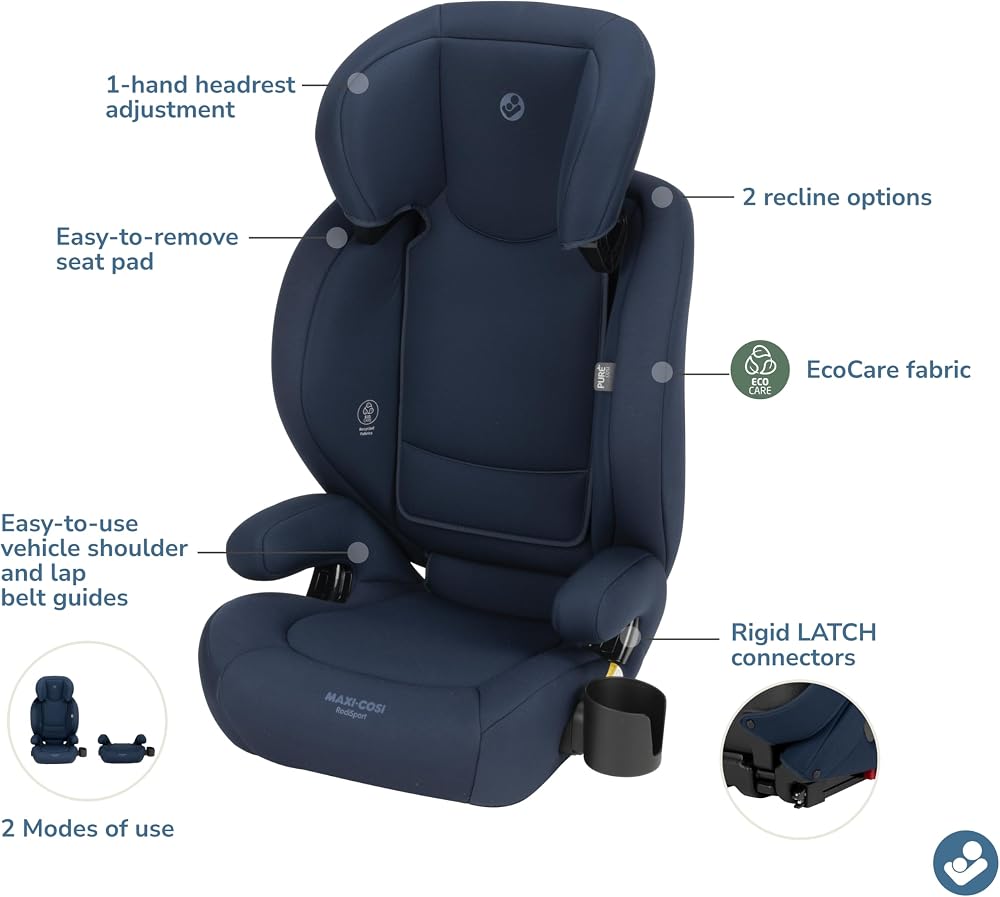 Maxi-Cosi RodiSport Kids Booster Car Seat, High-Back, Backless Booster, 7-Position Headrest, Easy Latch System, Reclining Chair, Belt Guide, Fits 40-100 lbs, 43.4-57 in, Seafaring