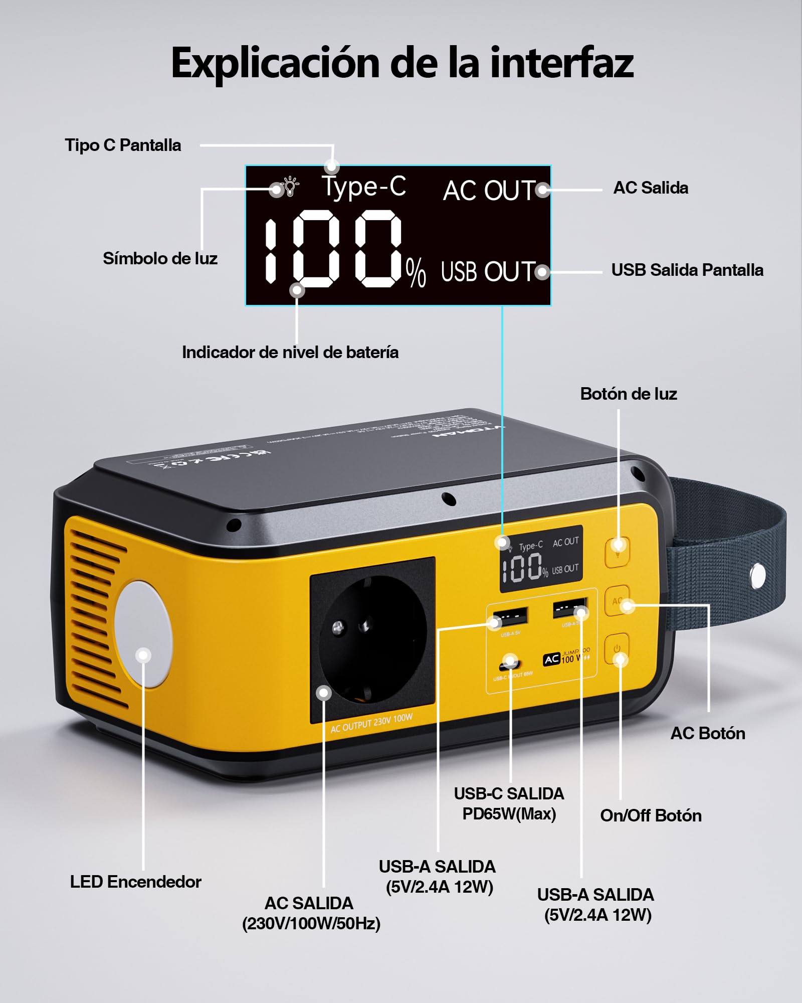 VTOMAN Jump 100 Energía Portátil, 89,6Wh LiFePO4, CA 100W PD 65W | Celdas seguras duraderas, carga múltiple, compacta ligera, camping y emergencias