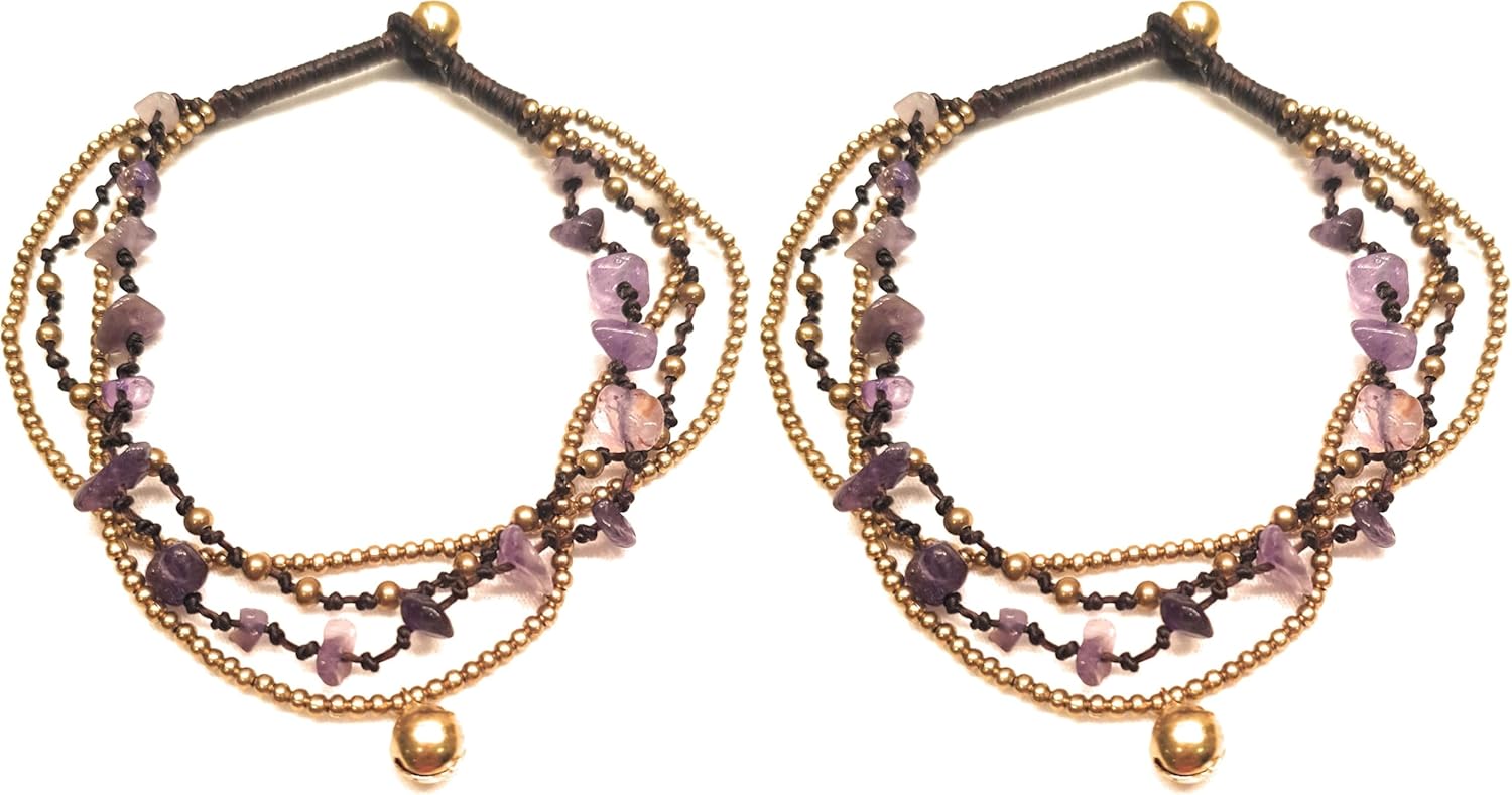 Infinityee888 Ametyst Anklet Bracelet with Bell Stone Handmade Brass Bead Bells Indian Boho Anklet for women, teen -JA015