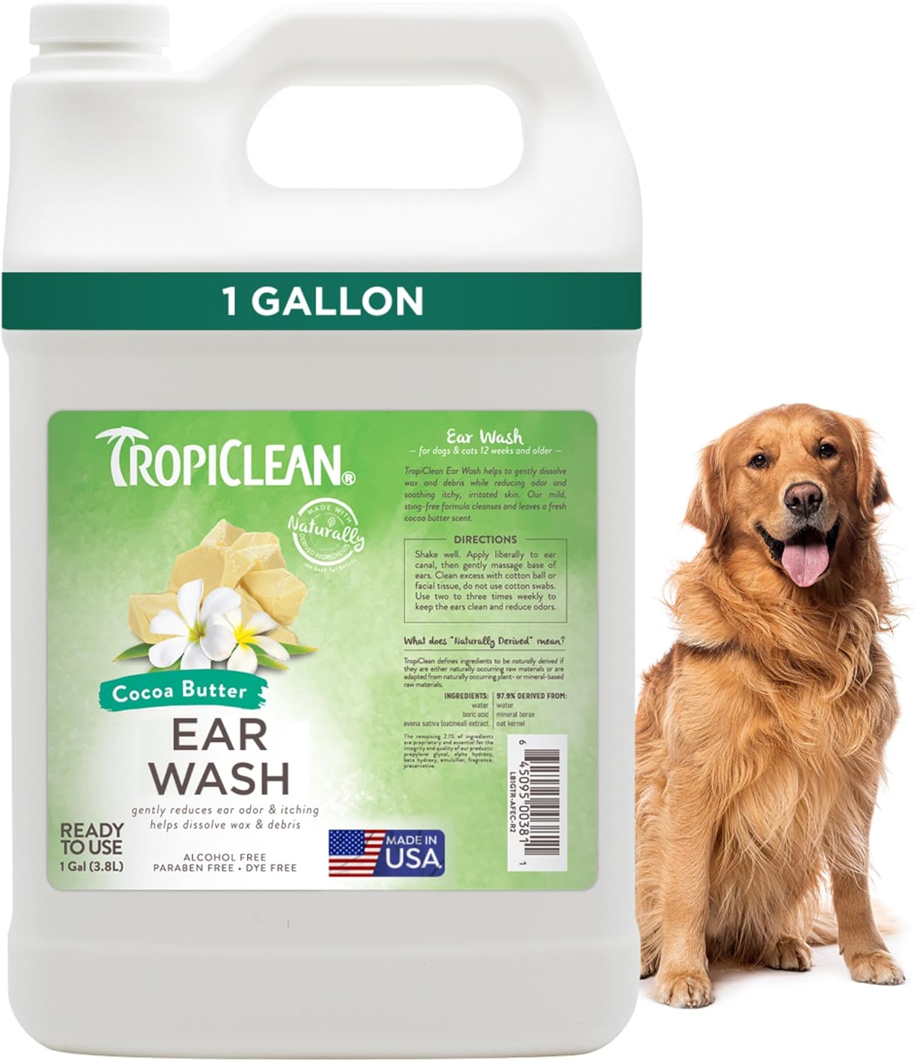 TropiClean Cocoa Butter Ear Wash for Dogs & Cats | Alcohol Free Dog Ear Cleaner Solution | Pet Ear Wash Derived from Natural Ingredients | Made in the USA | 1 Gallon