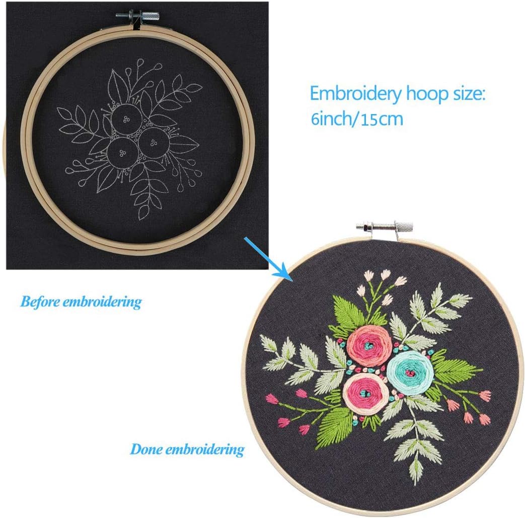 Best Cyber Deals 🔥 Full Range of Embroidery Starter Kit with Pattern, Kissbuty Cross Stitch Kit Including Embroidery Fabric with Floral Pattern, Bamboo Embroidery Hoop, Color Threads Tools Kit (Colored Roses)
