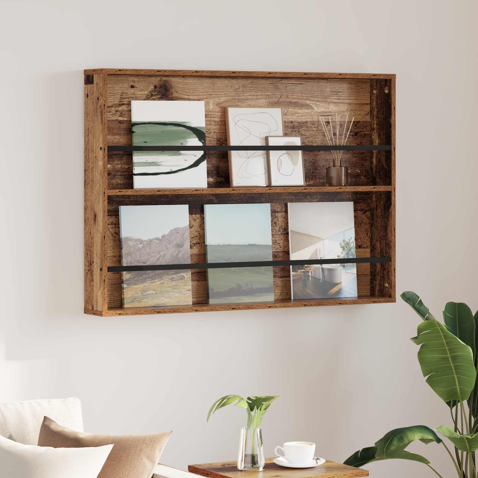 Générique Nowoczesny stojak na czasopisma ścienny 100 x 12 x 70 cm z drewna inżynieryjnego, regał na czasopisma do salonu z regulowanymi półkami, minimalistyczny design ścienny do czasopism i