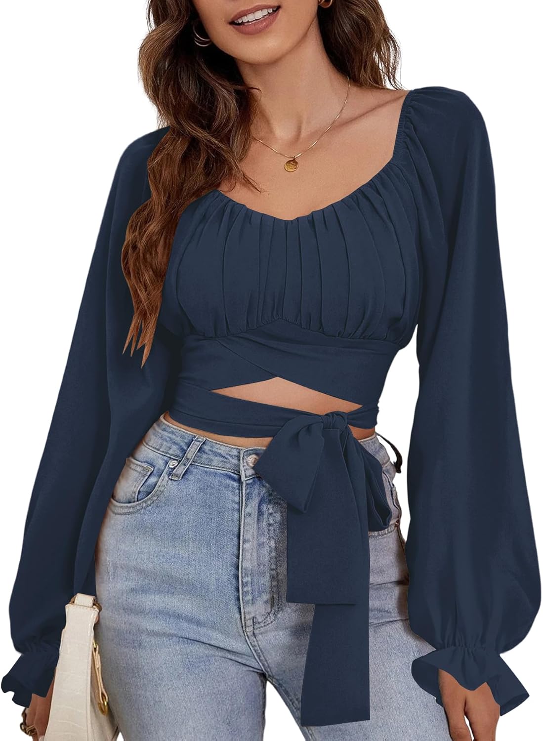 Rooscier Women's Ruched Wrap Square Neck Flounce Long Sleeve Self Tie Crop Top Blouse