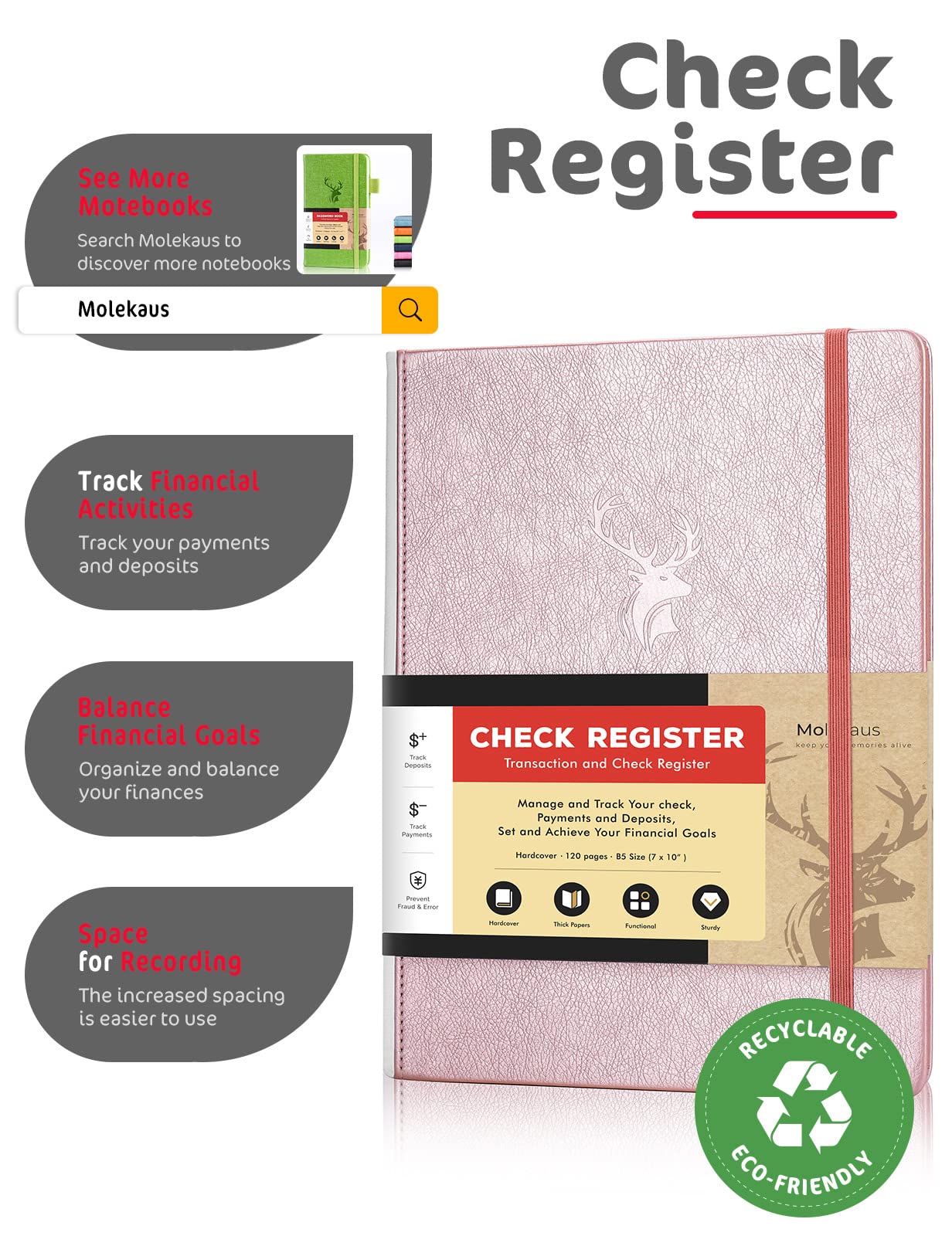 Molekaus Registros de cheques de contabilidad para personal o negocio, registro de tapa dura de gran tamaño para realizar un seguimiento de pagos, depósitos y transacciones financieras, oro rosa