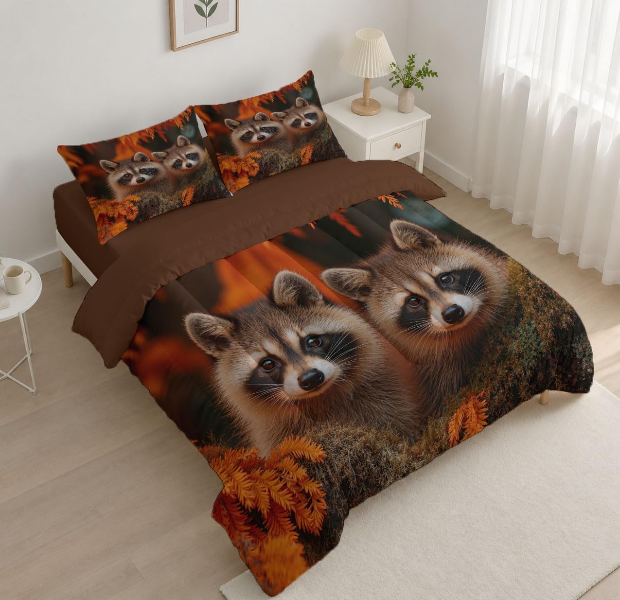 Autumn Scenery Quilt Set Queen 3 Pieces, Caramel Brown Quilts Bedding Set Cute Raccoon Bedspread Bed Cover Lightweight Spring Summer Beds Coverlet for All Season - 90"X90"