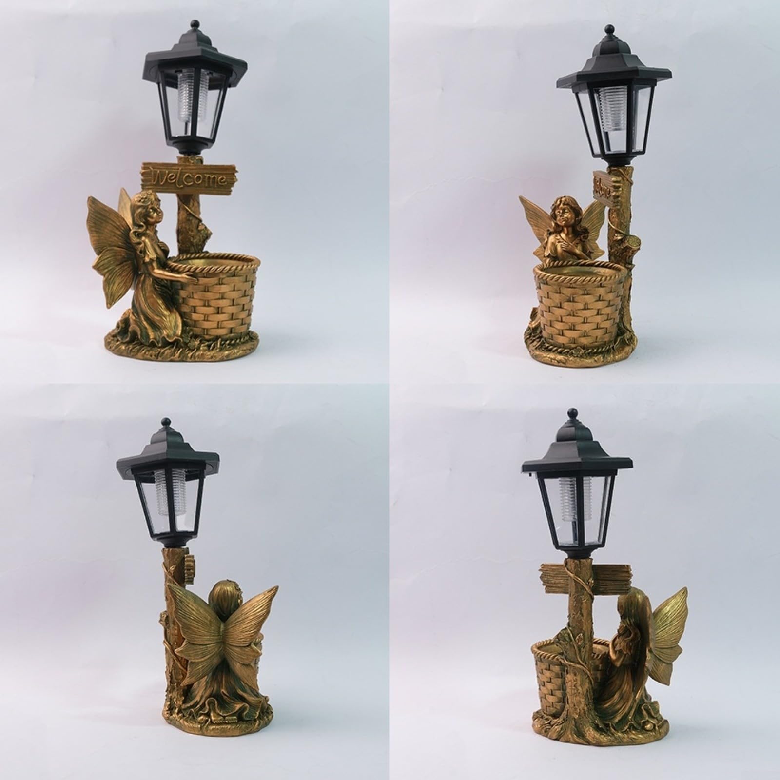 Maceta solar de resina de estilo europeo, estatua de jardín decorativa hecha a mano con luz nocturna LED, IP44 impermeable, decoración de paisaje al aire libre para patio, acabado de cobre (D)