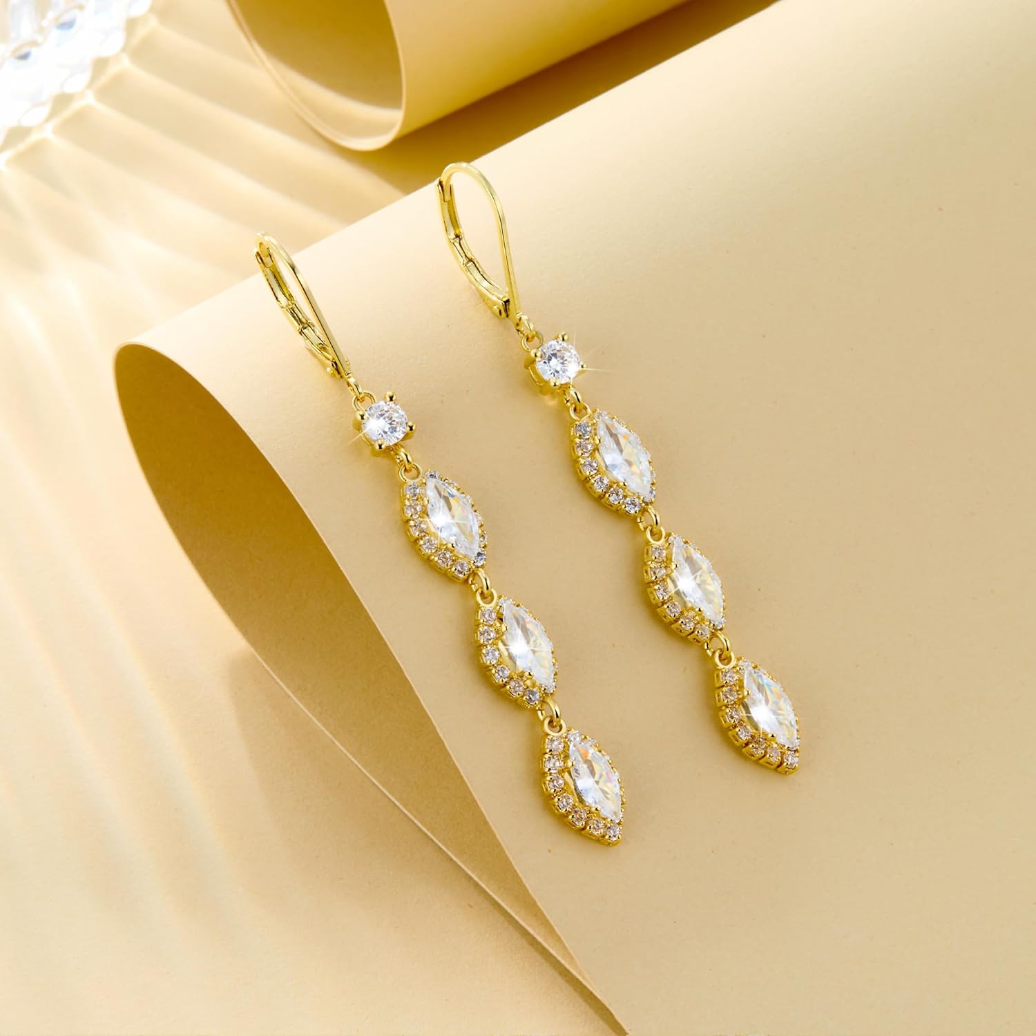 ALEXCRAFT 925 Sterling Silver Dangle Leverback Earrings for Women Trendy 14K Goldplated Hypoallergenic Lightweight Statement Long Cubic Zirconia Teardrop Dangling Earrings Brides Engagement Wedding - Image 7