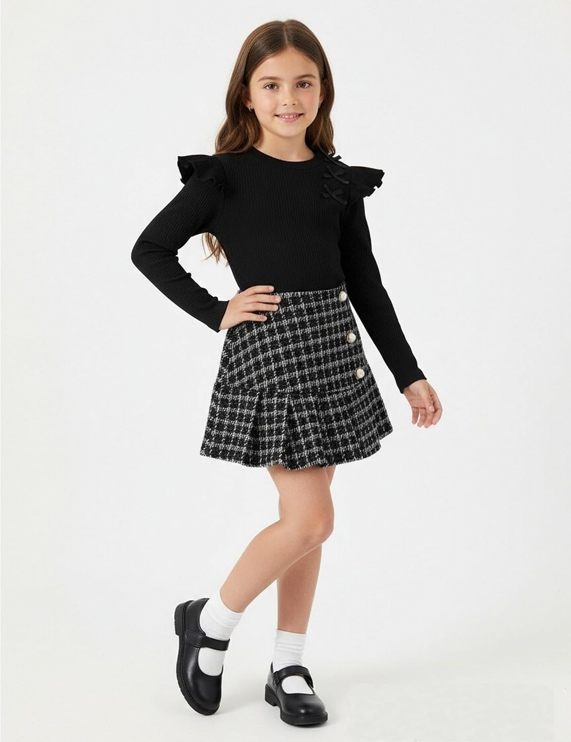 Toddler Girl Outfits Ruffled Long Sleeve Top Plaid Tweed Skirt and Beret Set Fall Winter Girls Clothes Size 3-8