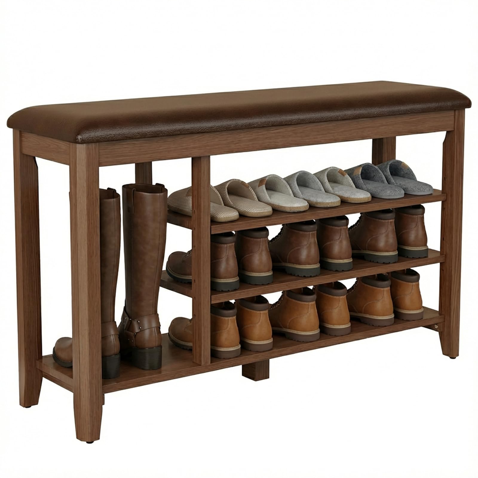 YQJJGL 3 Tier Shoe Bench with Cushion,Solid Wood Storage Bench Height Adjustable, Shoe Rack for Entryway,Bedroom,Hallway(Walnut)