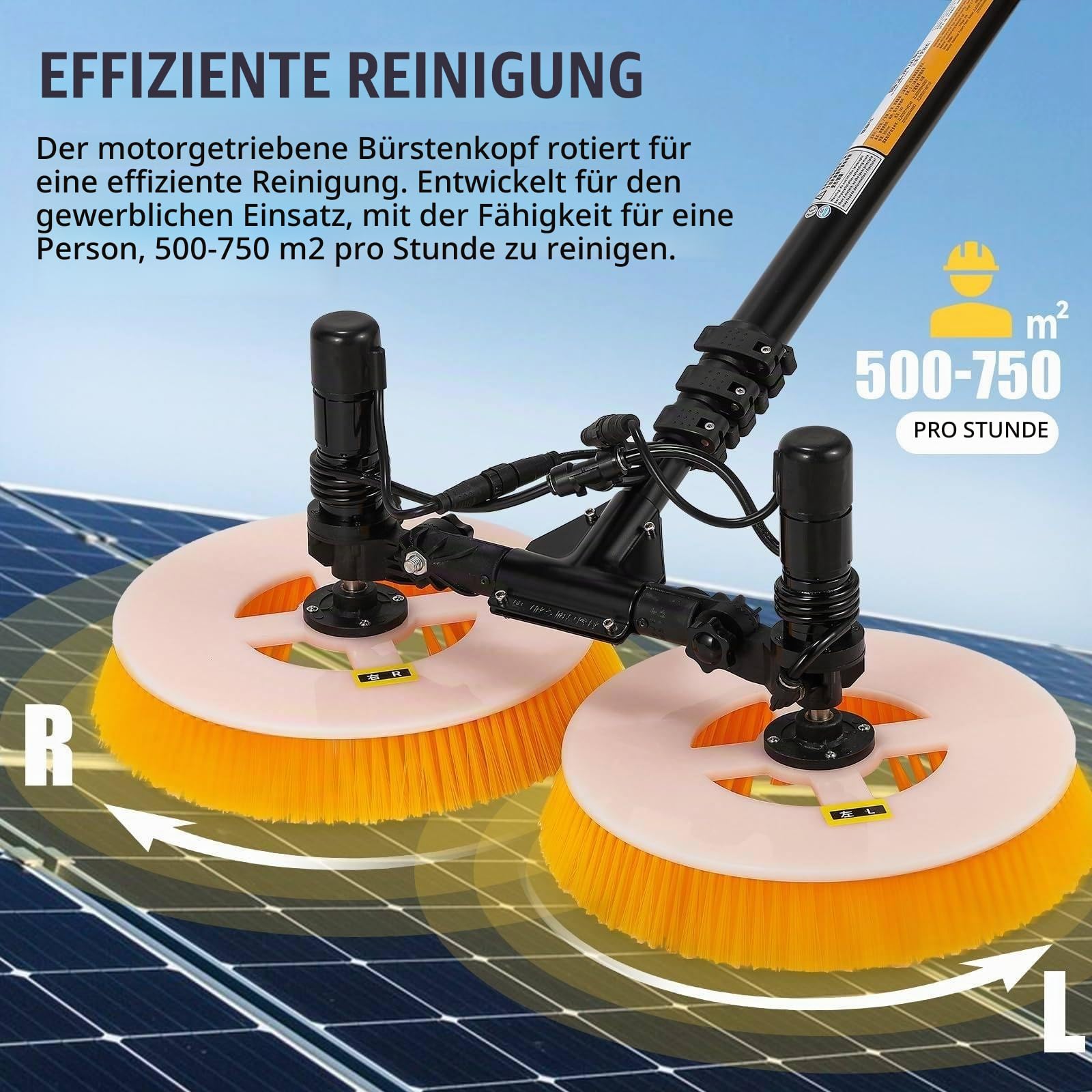 Professionelle Solar-reinigungsbürste für den Außenbereich, Doppelrotationskopf,65cm/25.59in Arbeitsbreite,Teleskopstange, wasserdicht&energiesparend,für PV-Anlagen(Mains Electricity,7.5M)