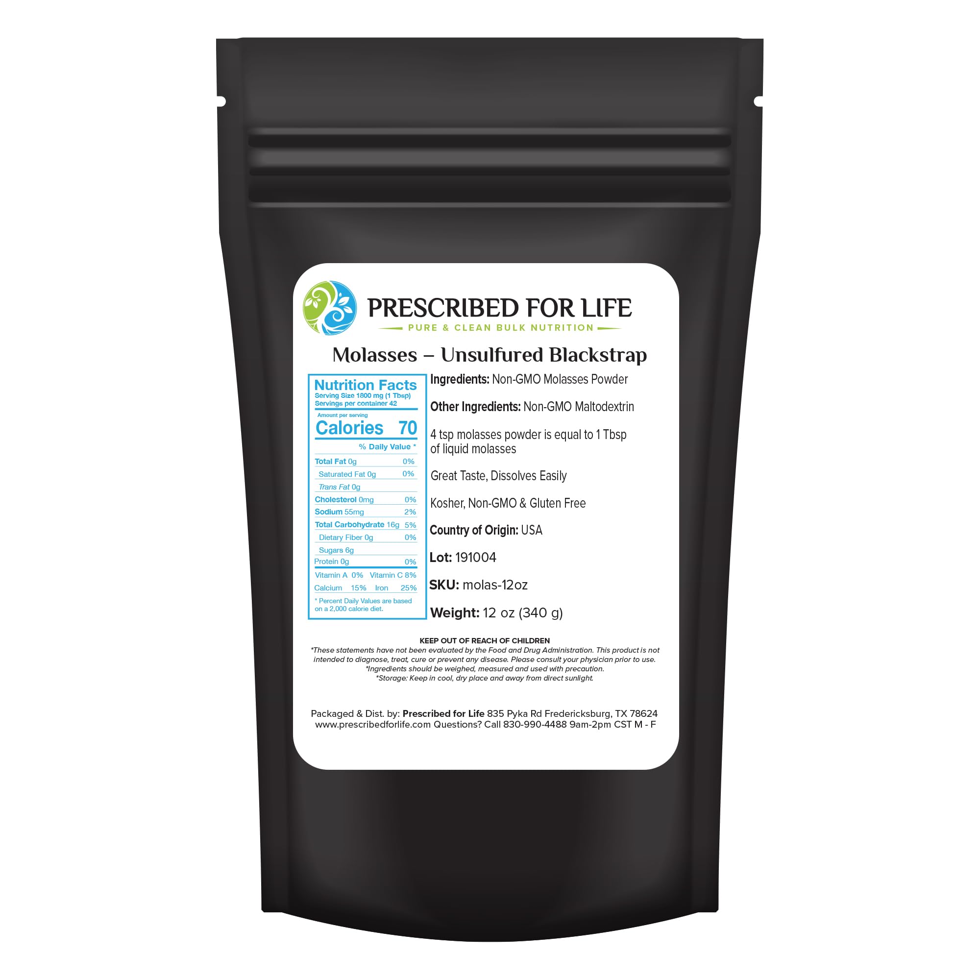 Prescribed for Life Molasses Powder, Natural Unsulfured Blackstrap Molasses, Rich in Iron, Vitamins, and Minerals, Gluten Free, Vegan, Non GMO (12oz /