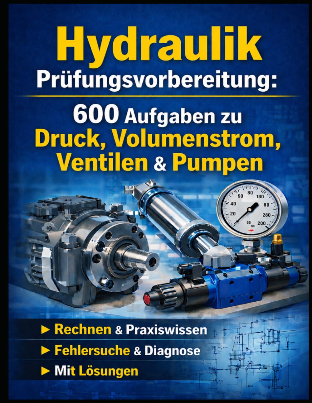Hydraulik Prüfungsvorbereitung: 600 Aufgaben: Druck, Volumenstrom, Zylinder, Ventile, Pumpen, Filter, Sicherheit – Rechnen & Praxiswissen mit vollständigem Lösungen