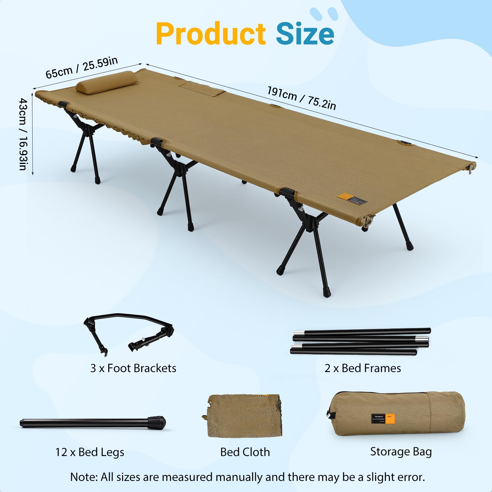 Lit Pliant Camping, Cadre Lit de Camp 250kg, 191x65cm avec 2 Hauteurs Réglables (20/40cm), Cadre Aluminium, Poches Latérales & Boucles, pour Tente Extérieur Jardin Bureau