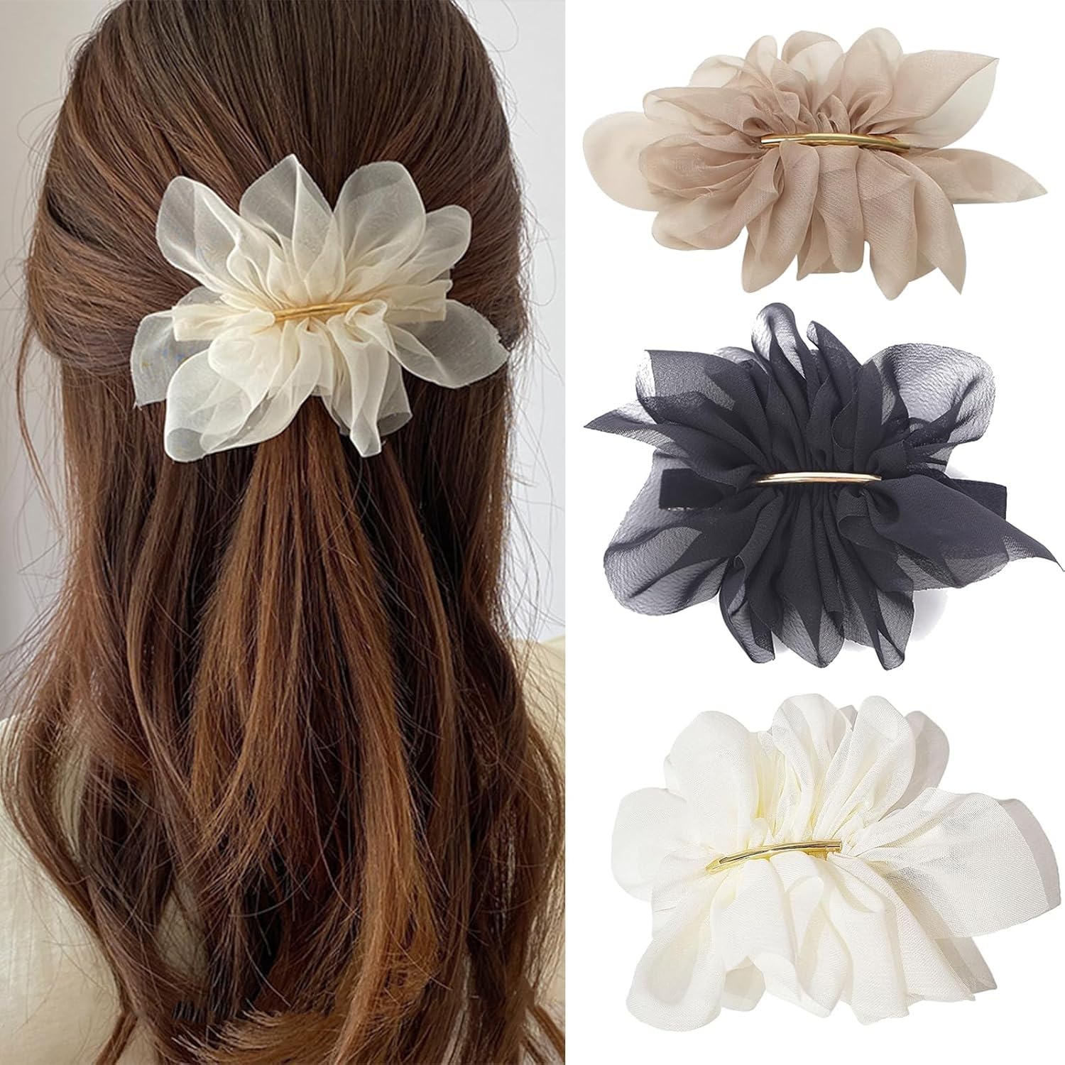 Miss Lirenn® 03 PCS Chiffon Flower Hair Clips, Large Floral Low Ponytail French Barrette Hair Clip/Pins for Women, White, Beige, Black (Multicolor Flower Design)