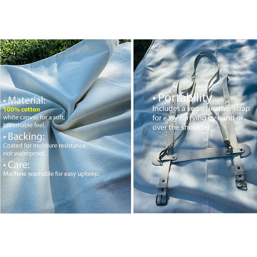 Picknickmatte aus 100 % Baumwollleinen, 120 x 180 cm, leicht, Outdoor-Campingmatte mit Schulter-/Handtragegurt aus veganem Leder