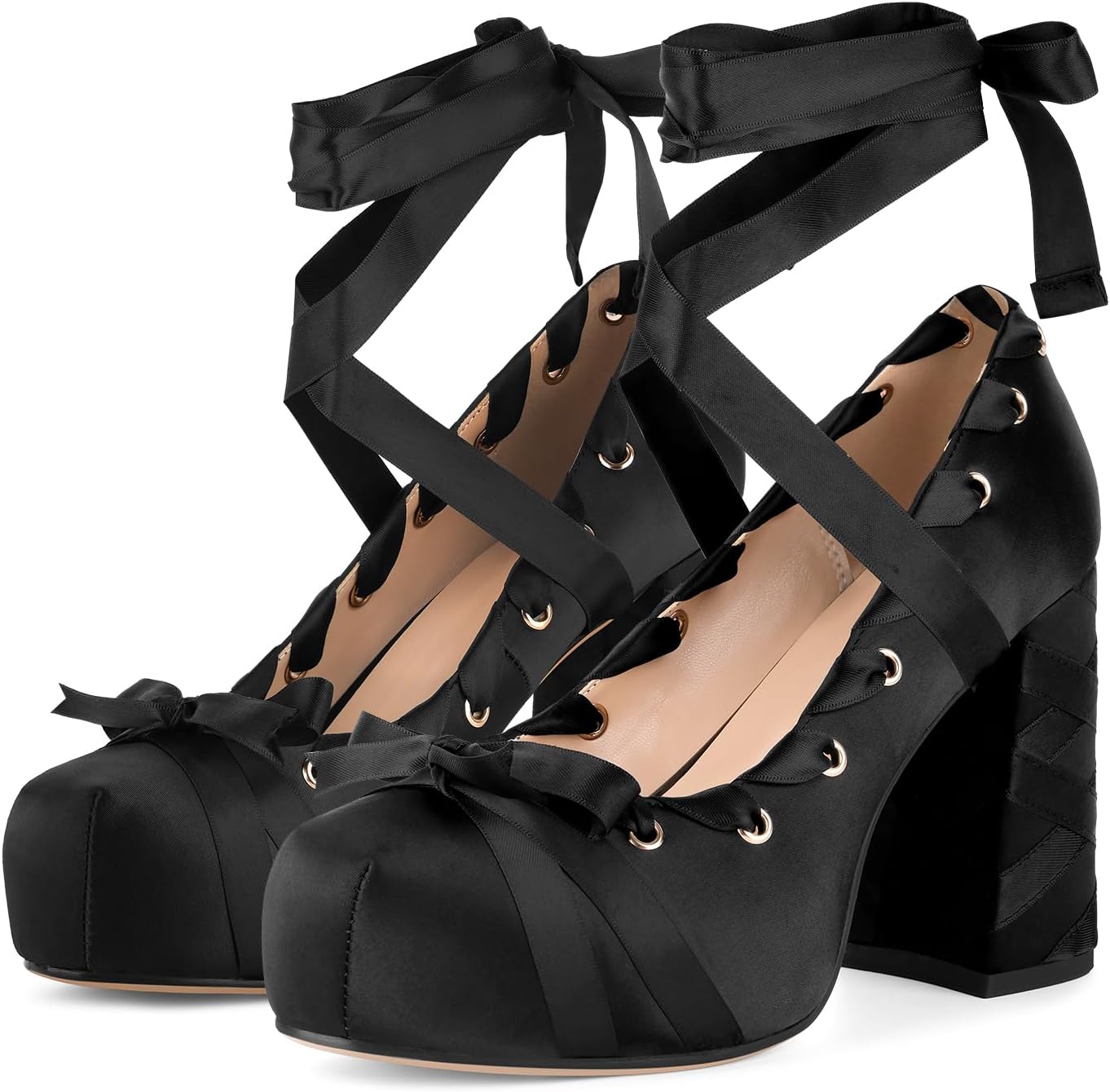 Platform Chunky Bow Ribbon Lace Up Ballerina High Heels Pumps