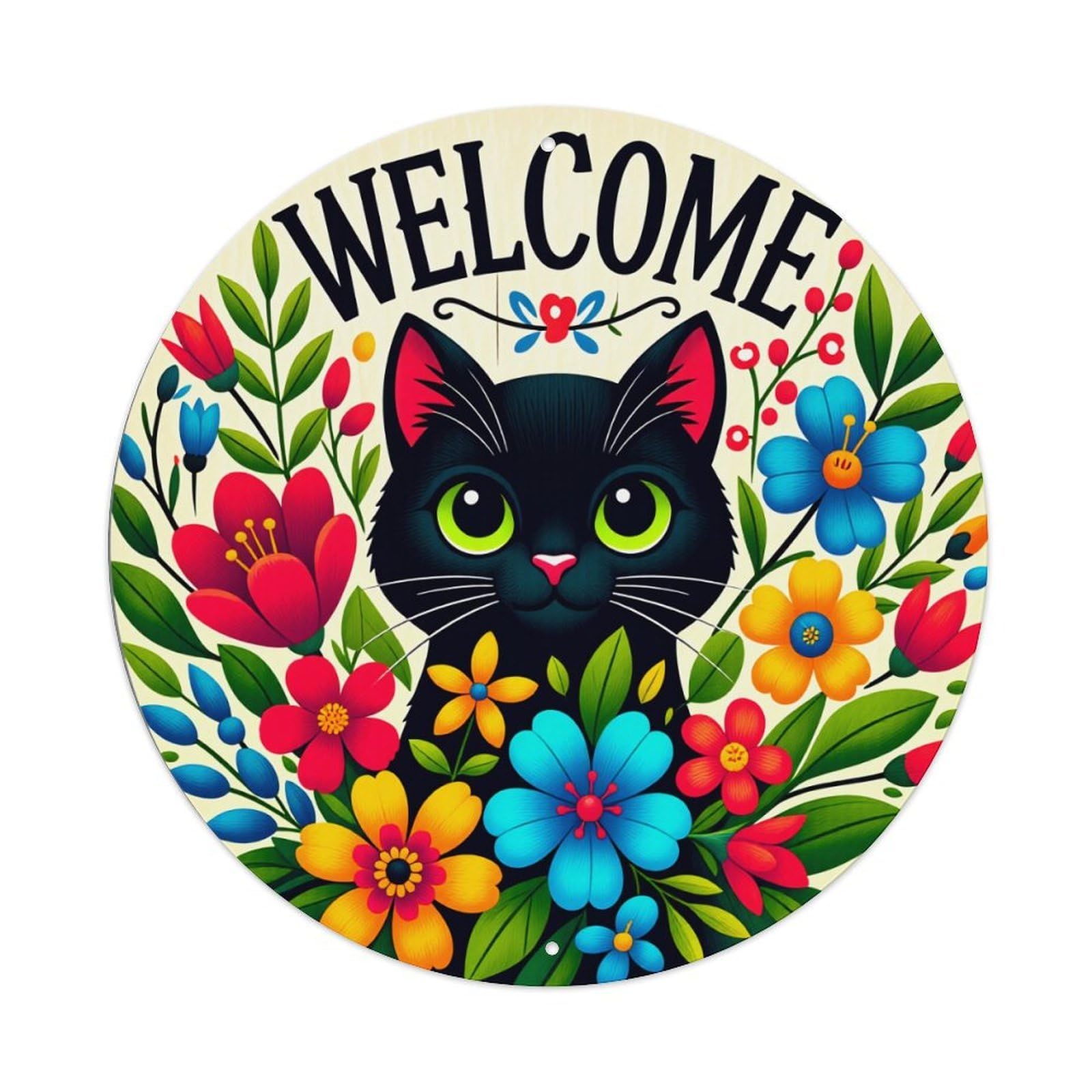 Black Cat Floral Welcome Pattern Round Tin Sign Vintage Style Metal Sign Home Bar Garden Wall Plaque Decor Metal Poster 8x8 Inch