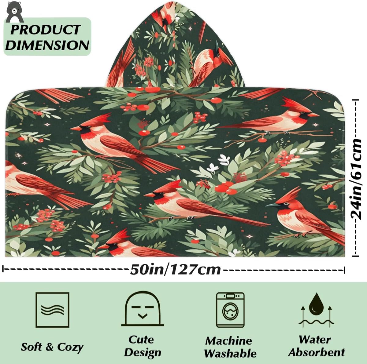 Kid Bath Towels Christmas Birds Plants Kids Towel with Hood for Girls Boys Beach Towel Pool Cover Up Soft Absorbent Toddler Hooded Bath Towel for Shower, Beach