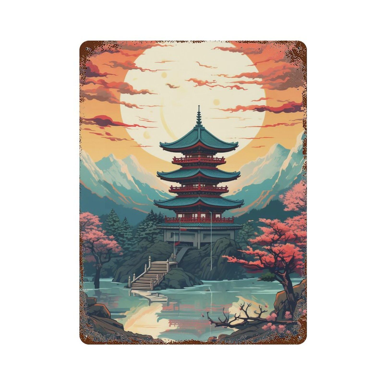 Japanese Pagoda Sunset Landscape-3 Vintage Metal Tin Sign 15.7"x11.8", Ideal for Living Room, Hallway And Home Decor