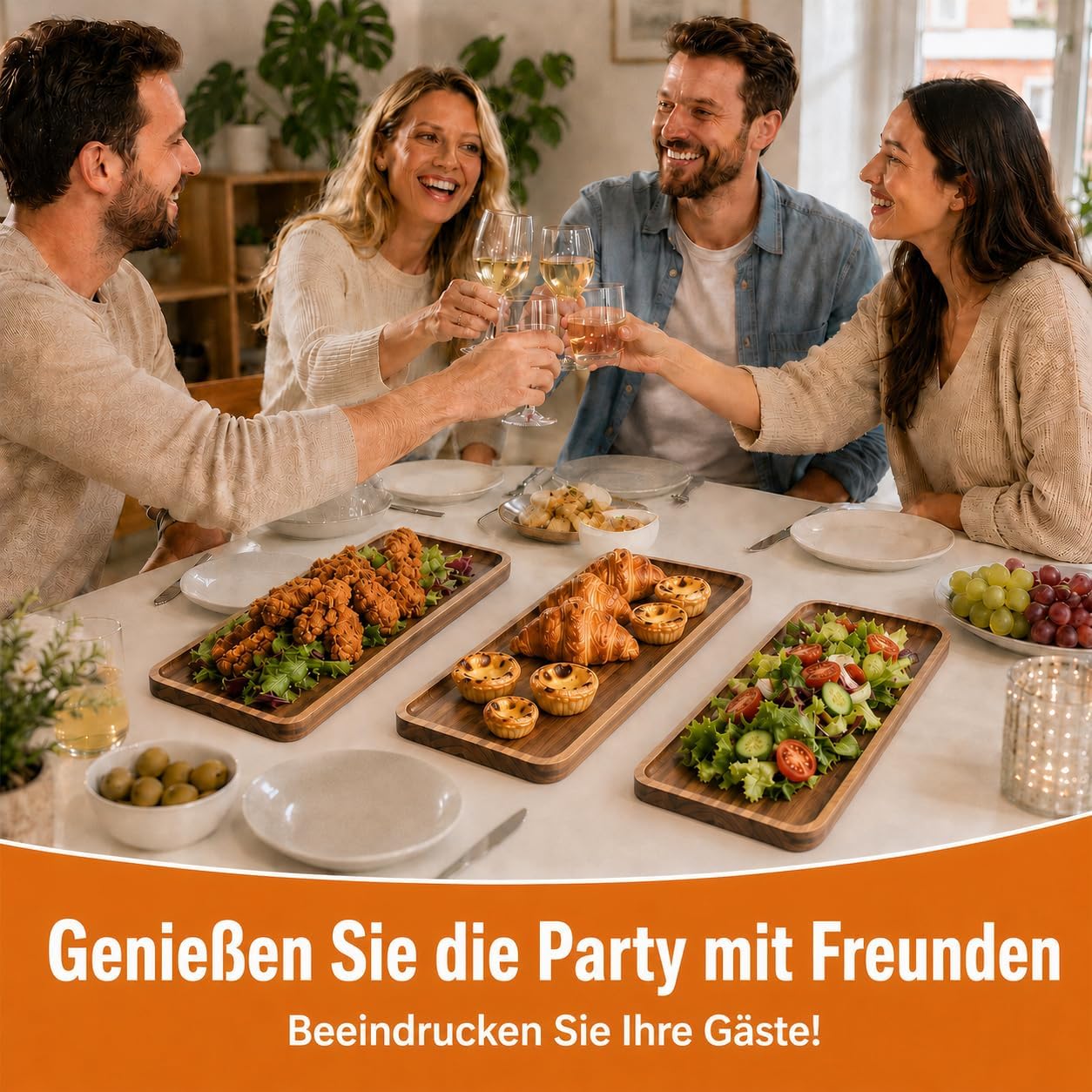 6 Stück Servierplatten aus Akazienholz, Rechteckige Holztabletts 35,5 x 14 x 1,5 cm, Holz Servierbrett für Käse, Snacks, Vorspeisen, Obst, Dessert, Charcuterie, Küche, Café und Party