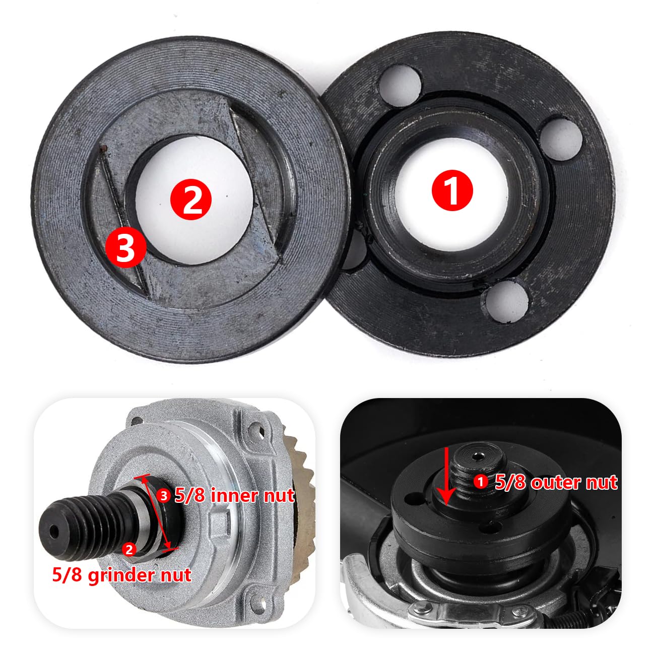 Lot de 3 écrous de meuleuse d'angle – Écrou de verrouillage en métal à bride 5/8-11 et jeu de clés compatibles avec les meuleuses d'angle Dewalt, Milwaukee, Bosch, Ryobi, Black & Decker, Metabo, 11,4