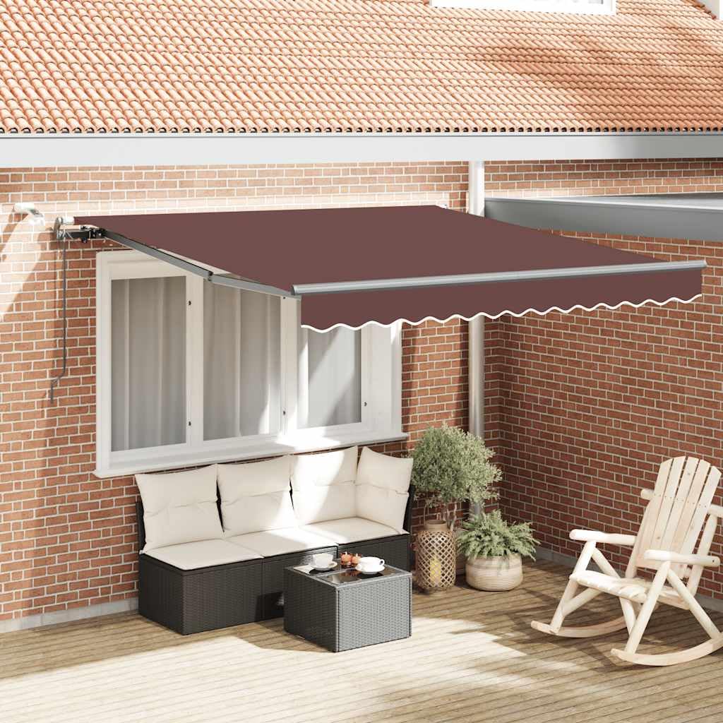 Toldo automático con LED marrón, 300 x 250 cm, brazo articulado, protección solar con sensor de viento, resistente a los rayos UV, impermeable, extensible, manivela y control eléctrico para