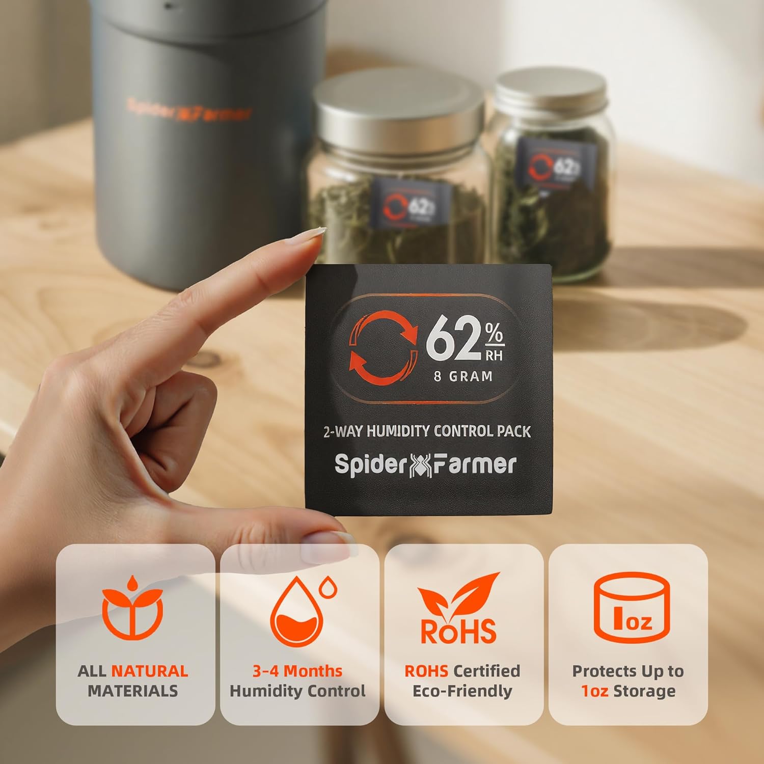 A hand holding a Spider Farmer 62% RH 8g humidity control pack, with icons indicating all natural materials, 3-4 months humidity control, RoHS certified, and protects up to 1 oz storage.