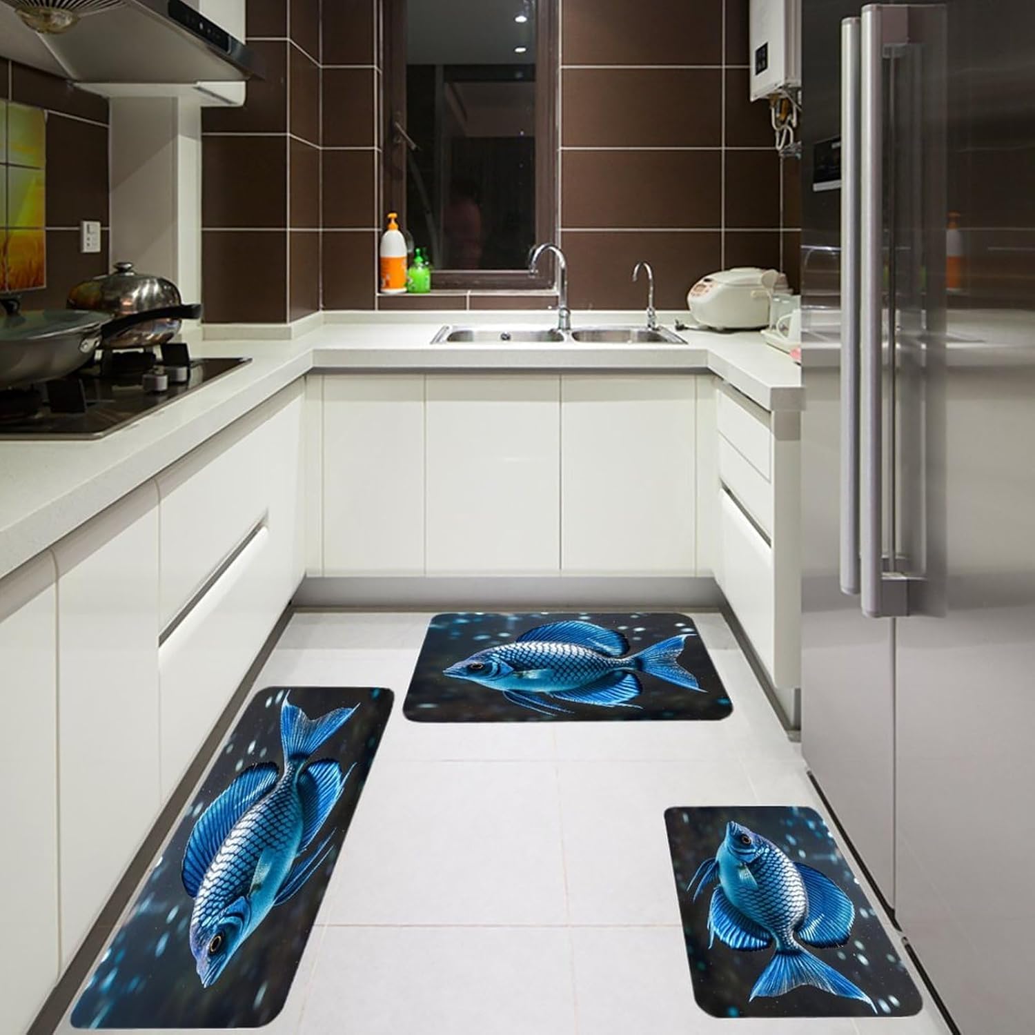 Blue Fish Kitchen Mats for Floor 3PCS Waterproof Low-Profile Kitchen Rugs Floor Mat Non Slip Anti Fatigue Mats Comfort Standing Mat Runner Rug Area Rug 6"x24"+20"x31"+17"x47"