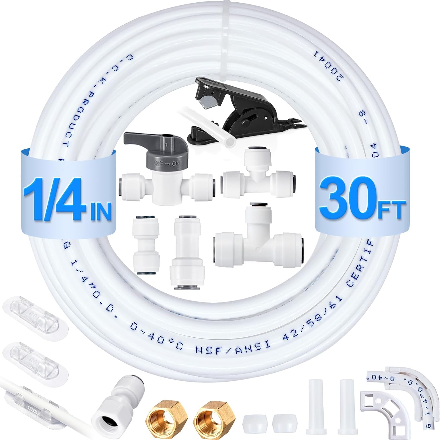 Refrigerator Water Line Kit - Food Grade Ice Maker Fridge Water Line Kit,1/4" O.D.30 FT Water Tubing with Quick Connect Fittings and Tubing Cutter for Refrigerator,Ice Maker,RO Filter System