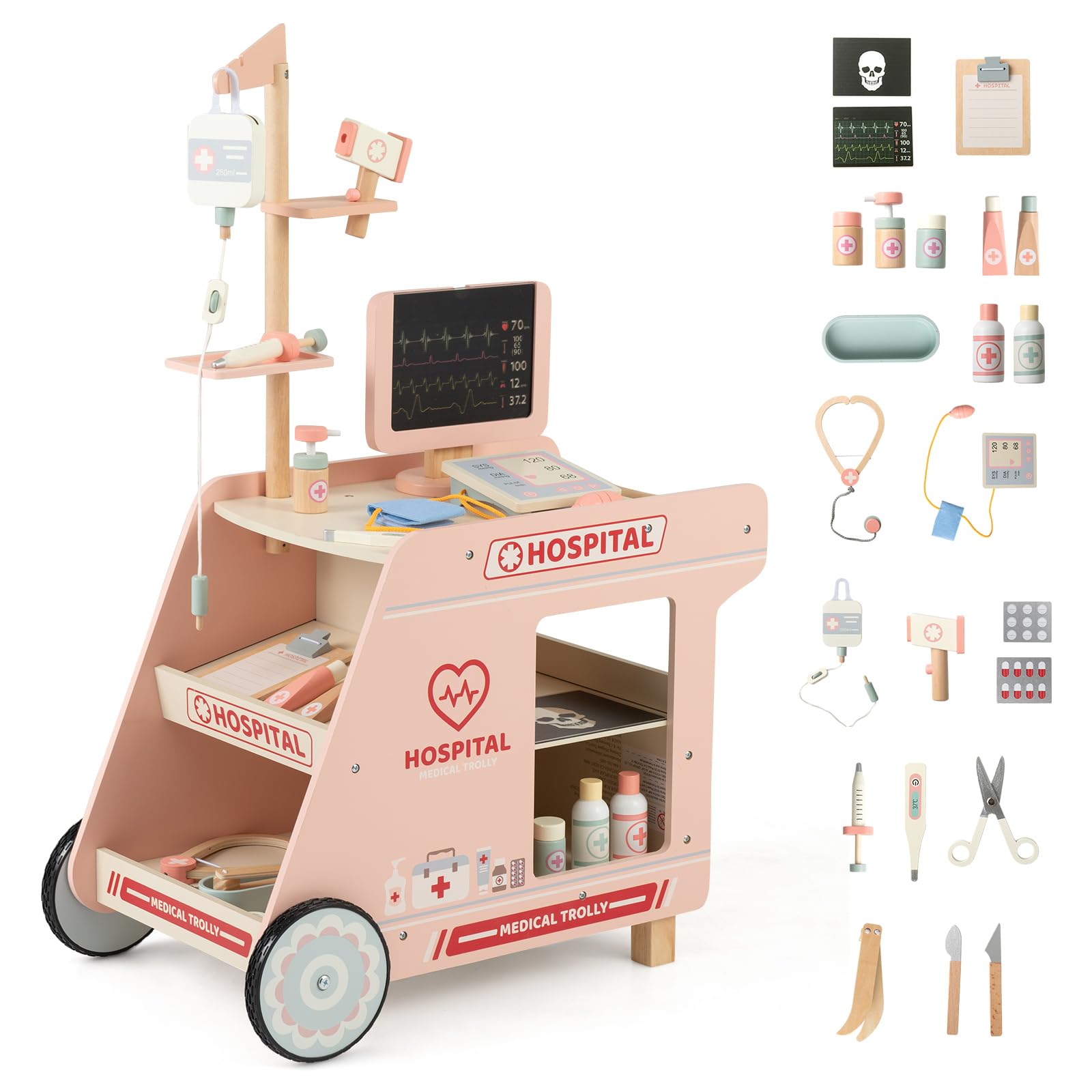 GYMAX Kids Doctor Play Set, Toy Medical Center with CT Machine, Stethoscope & 23 pcs Accessories, Wooden Pretend Hospital Playset for 3+ Years Old