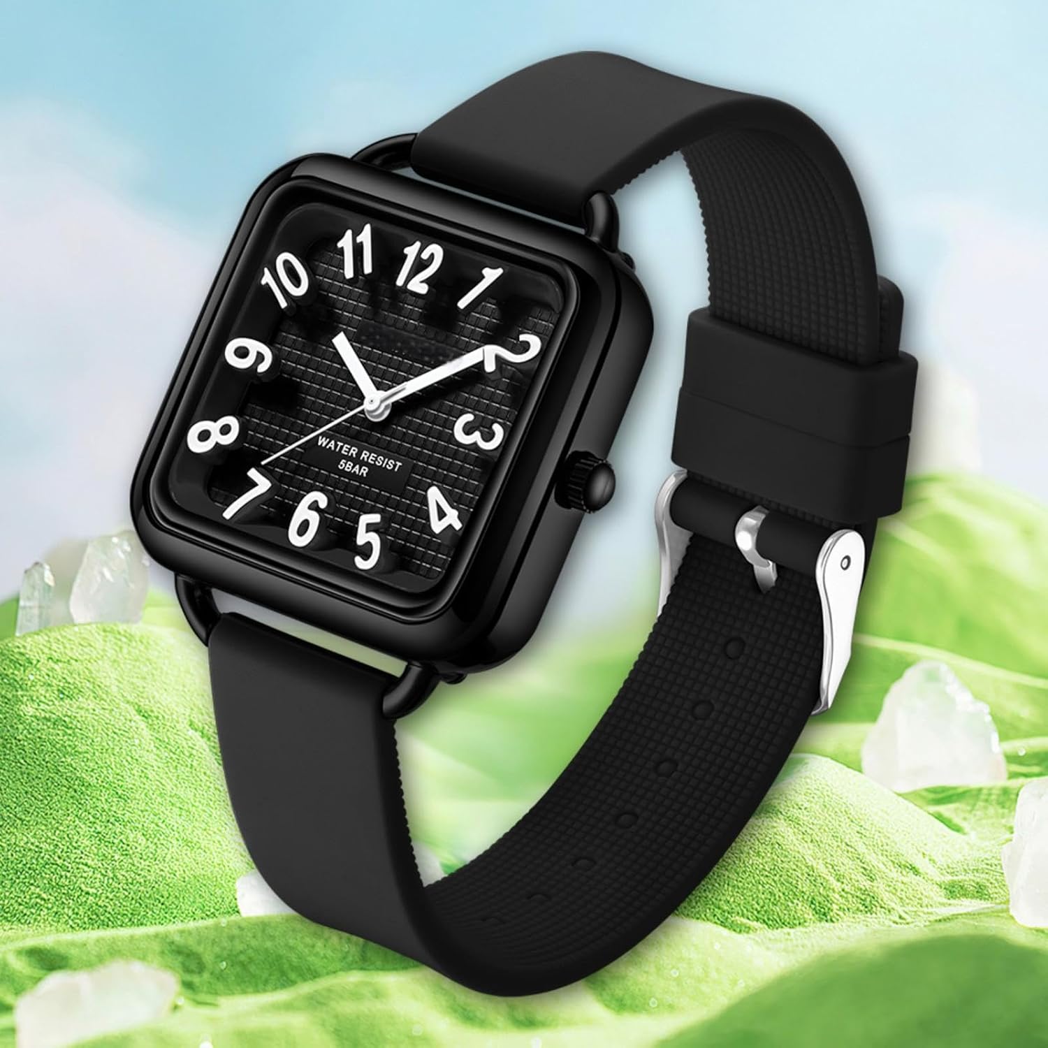 findtime Women Watch 3D Designer Big Arabic Numbers Square Dial Easy to Read Watches Colorful Green Silicone Strap Reloj para Mujer