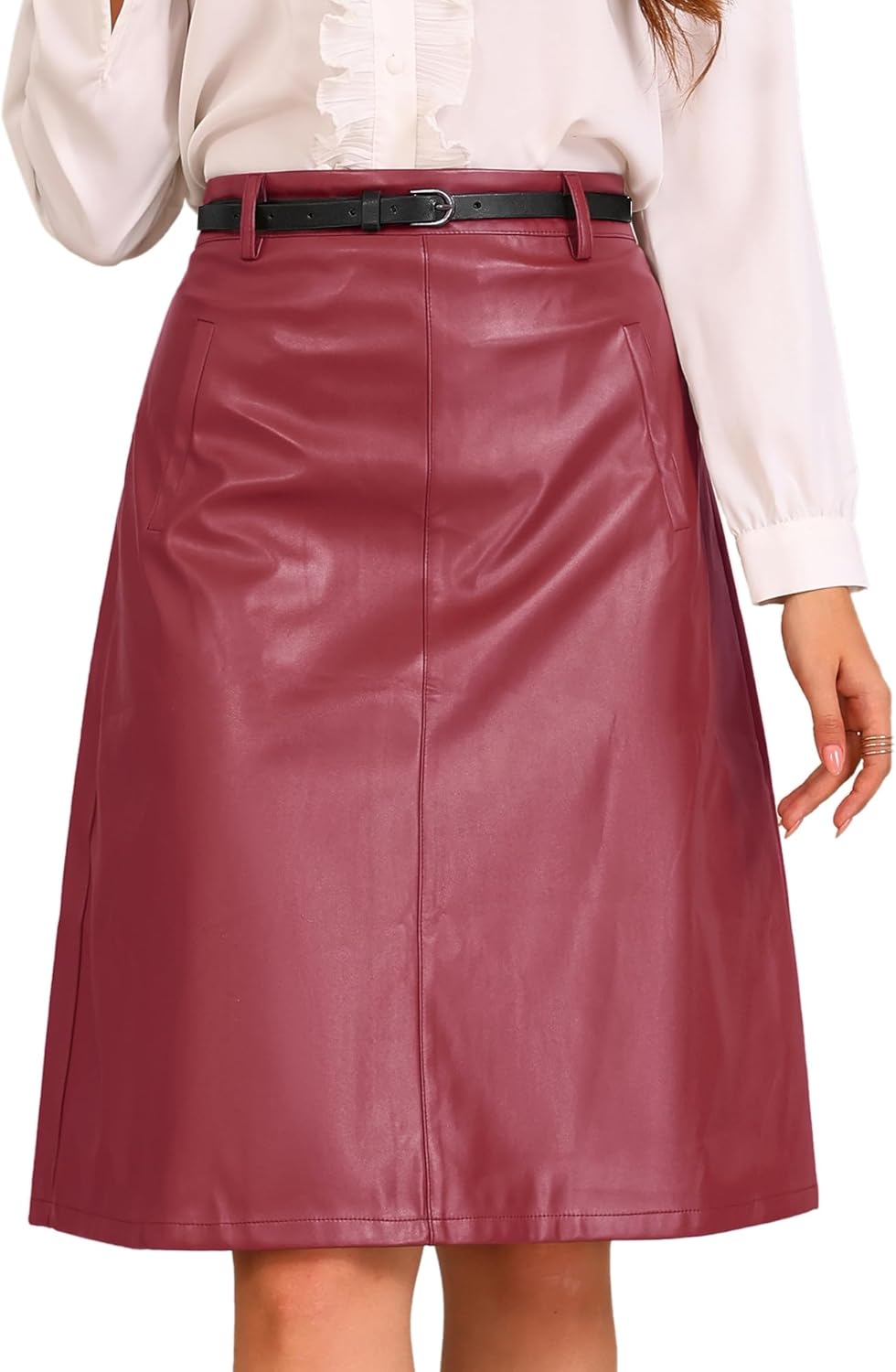 Allegra K Faux Leather Skirts for Women 2026 High Waisted A-Line Elegant Dressy Casual PU Midi Skirt with Belt