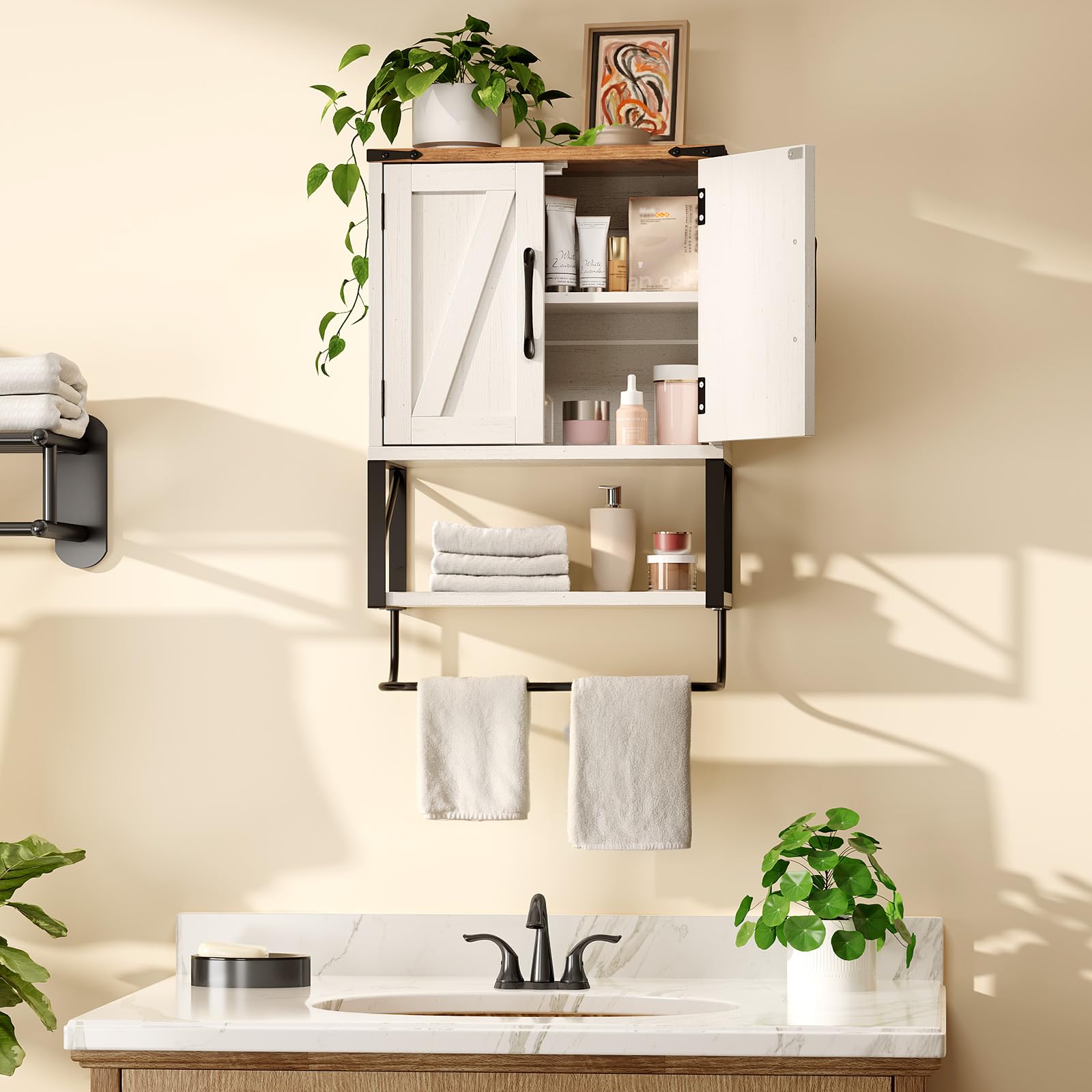 VINGLI Armario de Baño de Pared Vintage, Blanco Lavado con Tablero Marrón
