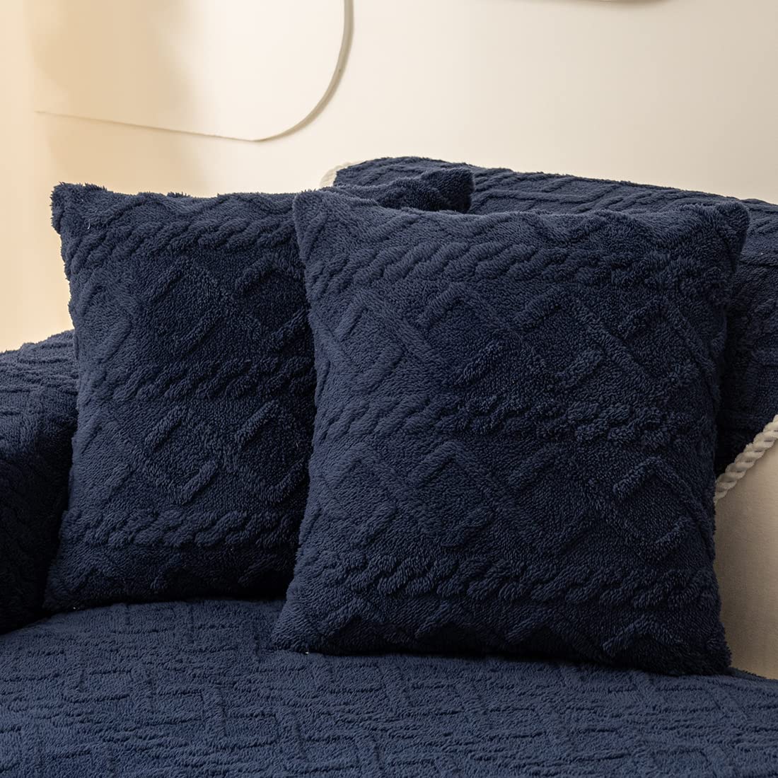vctops Pack of 2 Geometric Jacquard Plush Throw Pillow Covers for Couch Bed Sofa Farmhouse Neutral Solid Color Soft Cushion Covers (Navy,18"x18")