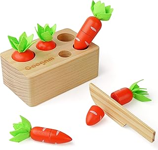 Coogam Baby Carrots Sorting Toy, Wooden Montessori Color Shape Sorter Cutting Harvest Matching Game for Toddler Fine Motor Skill, Early Learning Preschool Year Old Educational Gift Toy