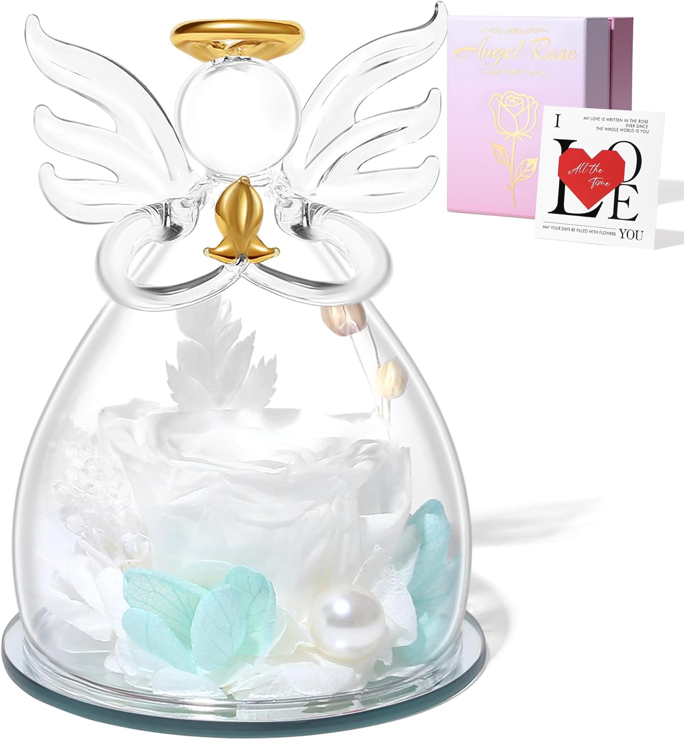 Sahoottie White Valentines Day Rose Gifts for Her, Preserved Rose in Glass Dome Angel Figurine Birthday Gift for Women, Valentines Angel Mothers Day Rose Gift for Mom Grandma